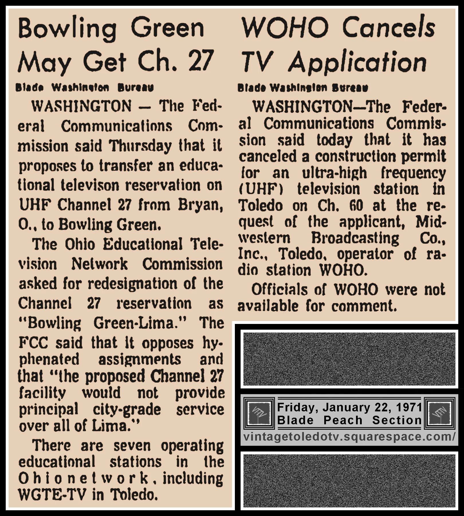 "Bowling Green May Get Ch. 27" & "WOHO TV Application," two Fri. 1/22/71 stories in The Blade Peach Section
