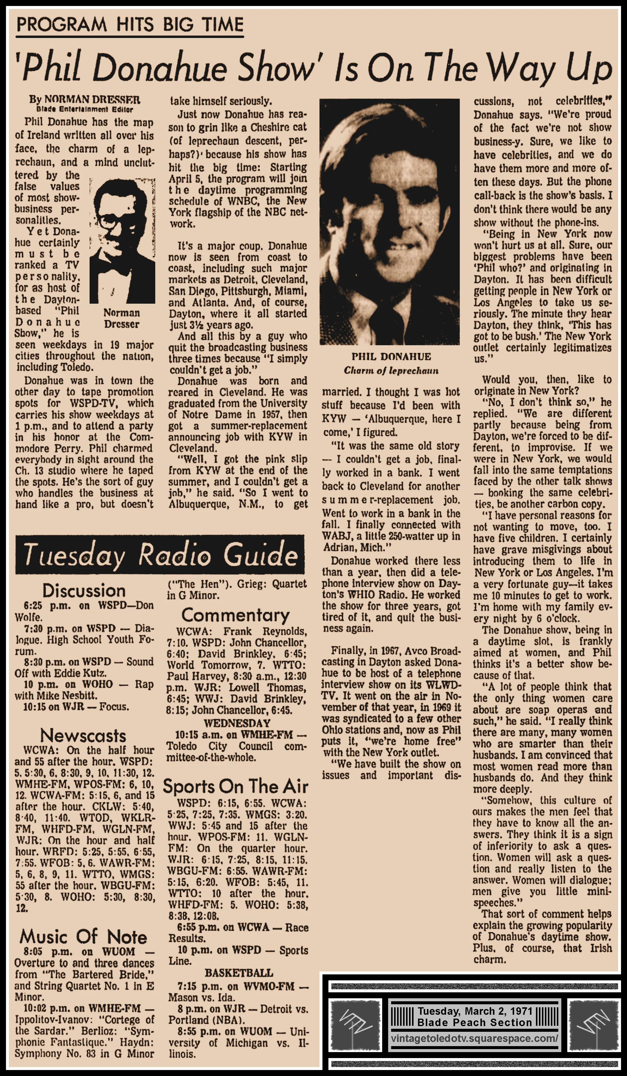 ''Phil Donahue Show' is on the Way Up" by Norman Dresser, in The Blade's Tue. 3/2/71 Peach Section