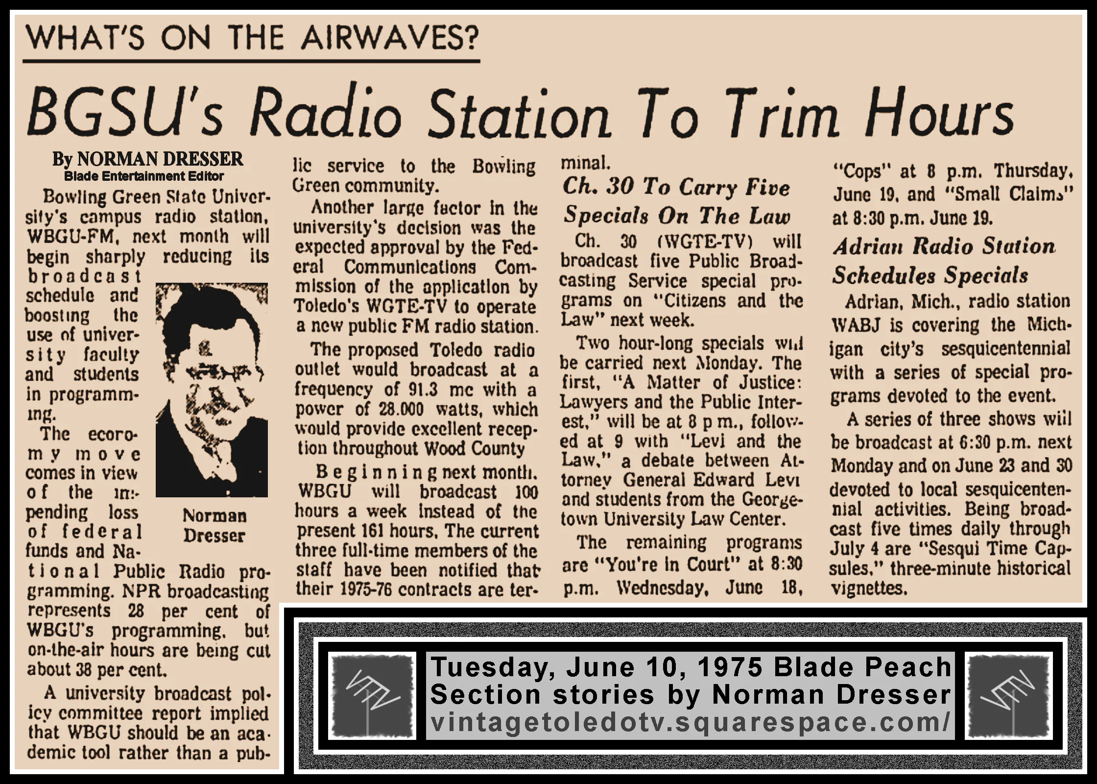 "BGSU's Radio Station To Trim Hours" by Norman Dresser, in The Blade's Tuesday, 6/10/75 Peach Section