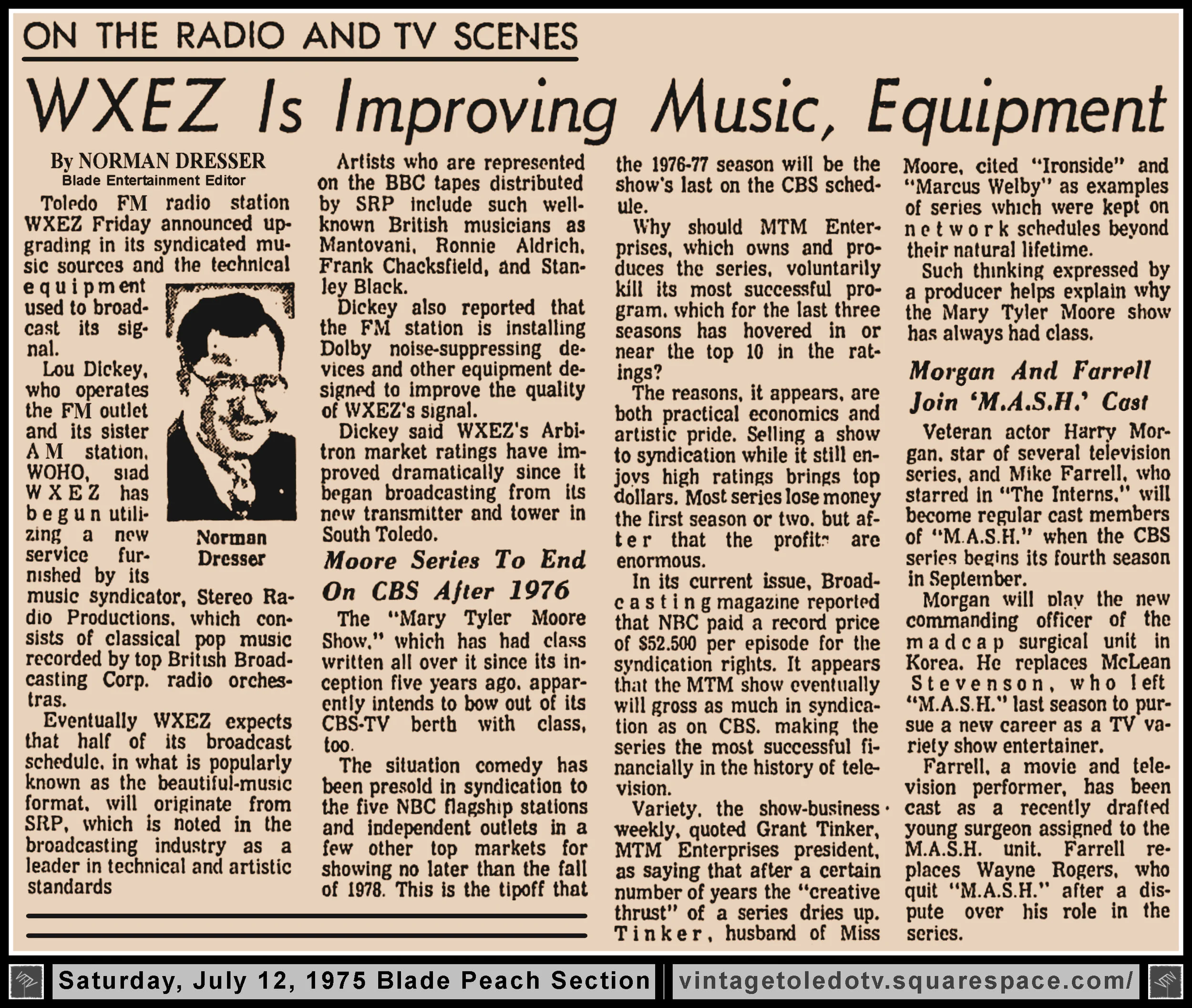 "WXEZ Is Improving Music, Equipment" by Norman Dresser, in The Blade's Saturday, 7/12/75 Peach Section