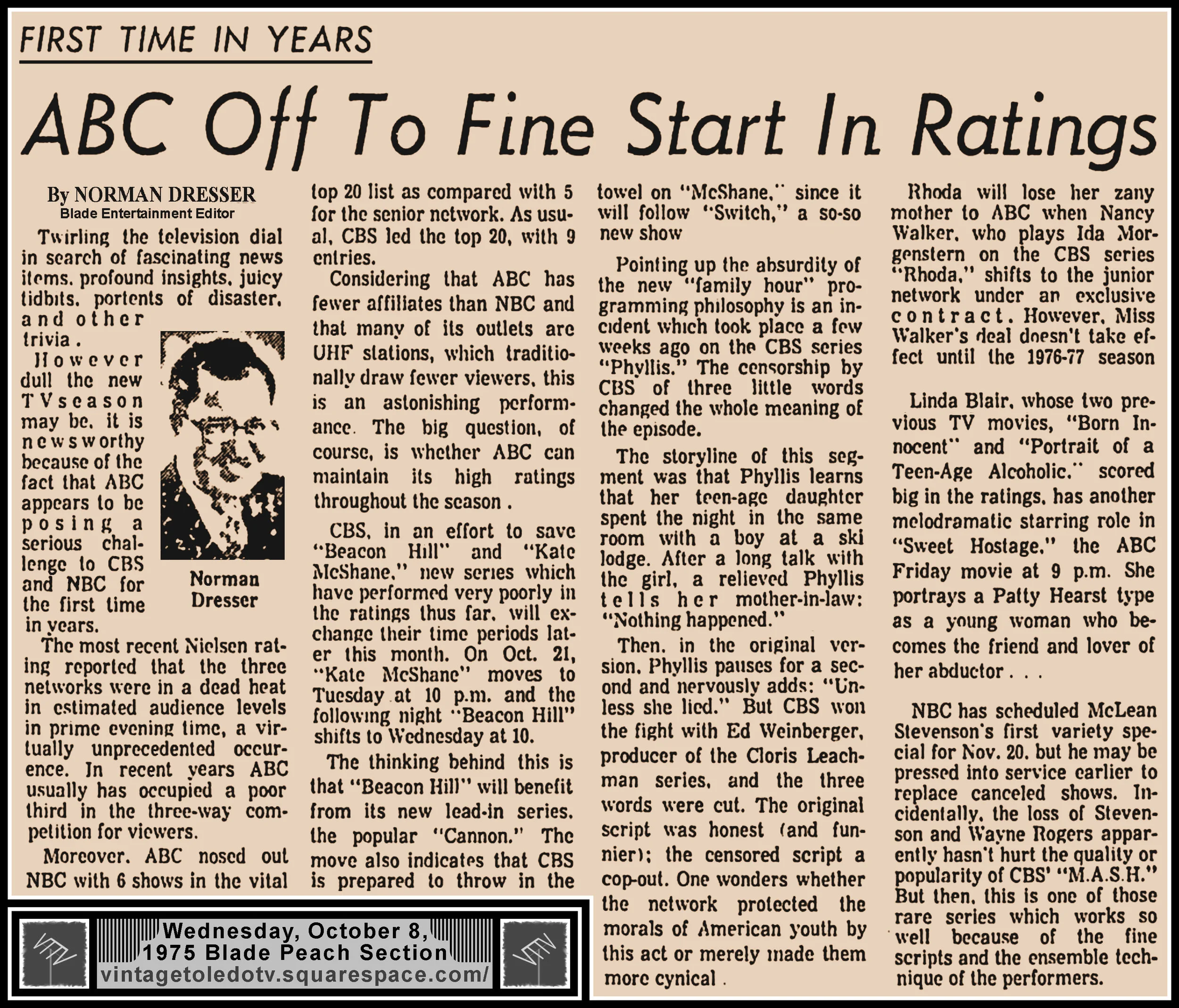 "ABC Off To Fine Start In Ratings" by Norman Dresser, in The Blade's Wed. 10/8/75 Peach Section
