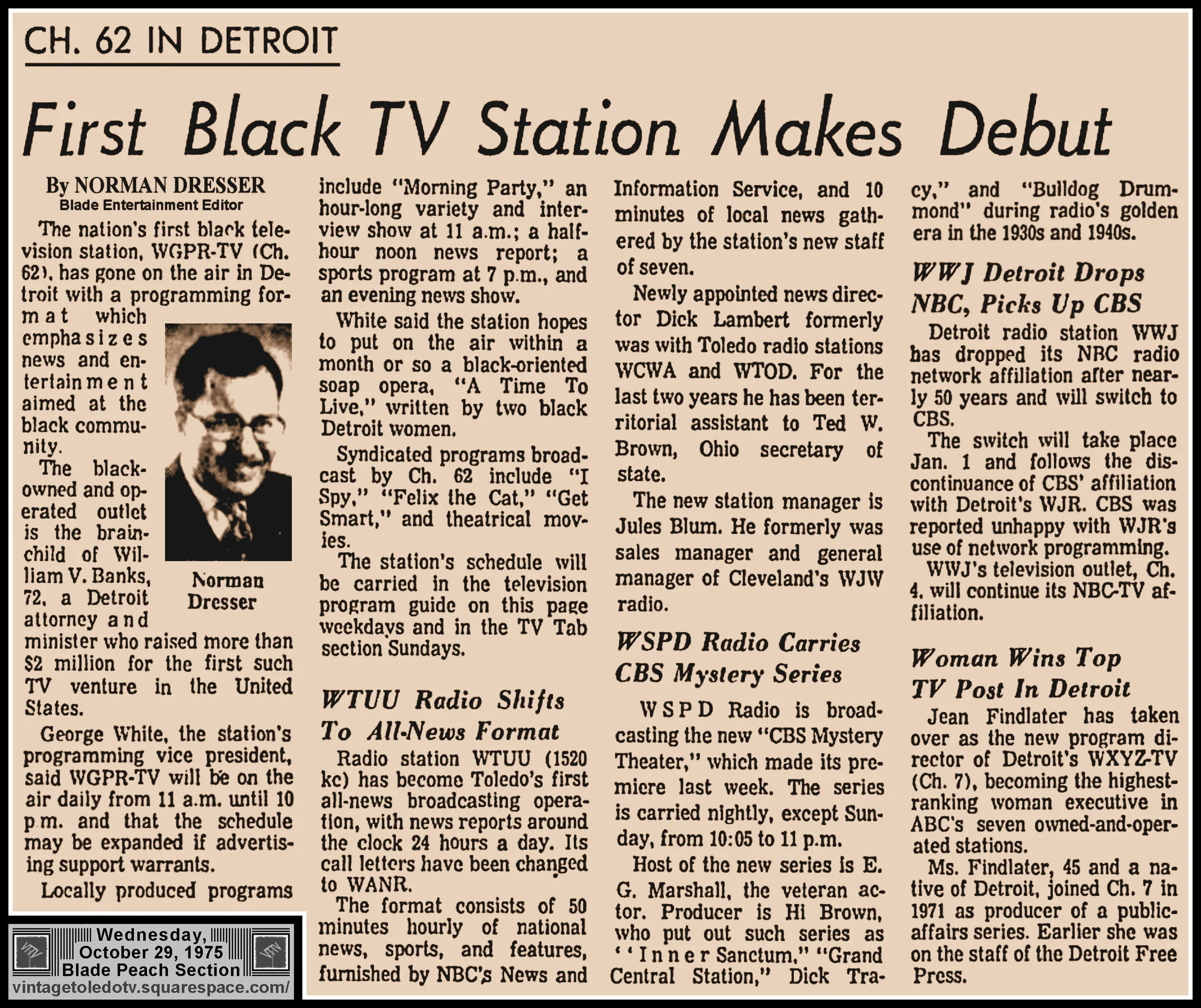 "First Black TV Station Makes Debut" and 4 other items, by Norman Dresser, in The Blade's Wed. 10/29/75 Peach Section