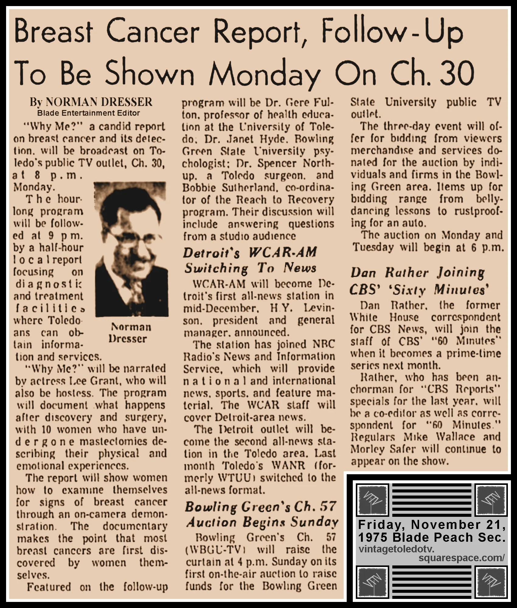 "Breast Cancer Report, Follow-Up To Be Shown Monday On Ch. 30" & 3 other items, by Norman Dresser, in The Blade's Friday, 11/21/75 Peach Section