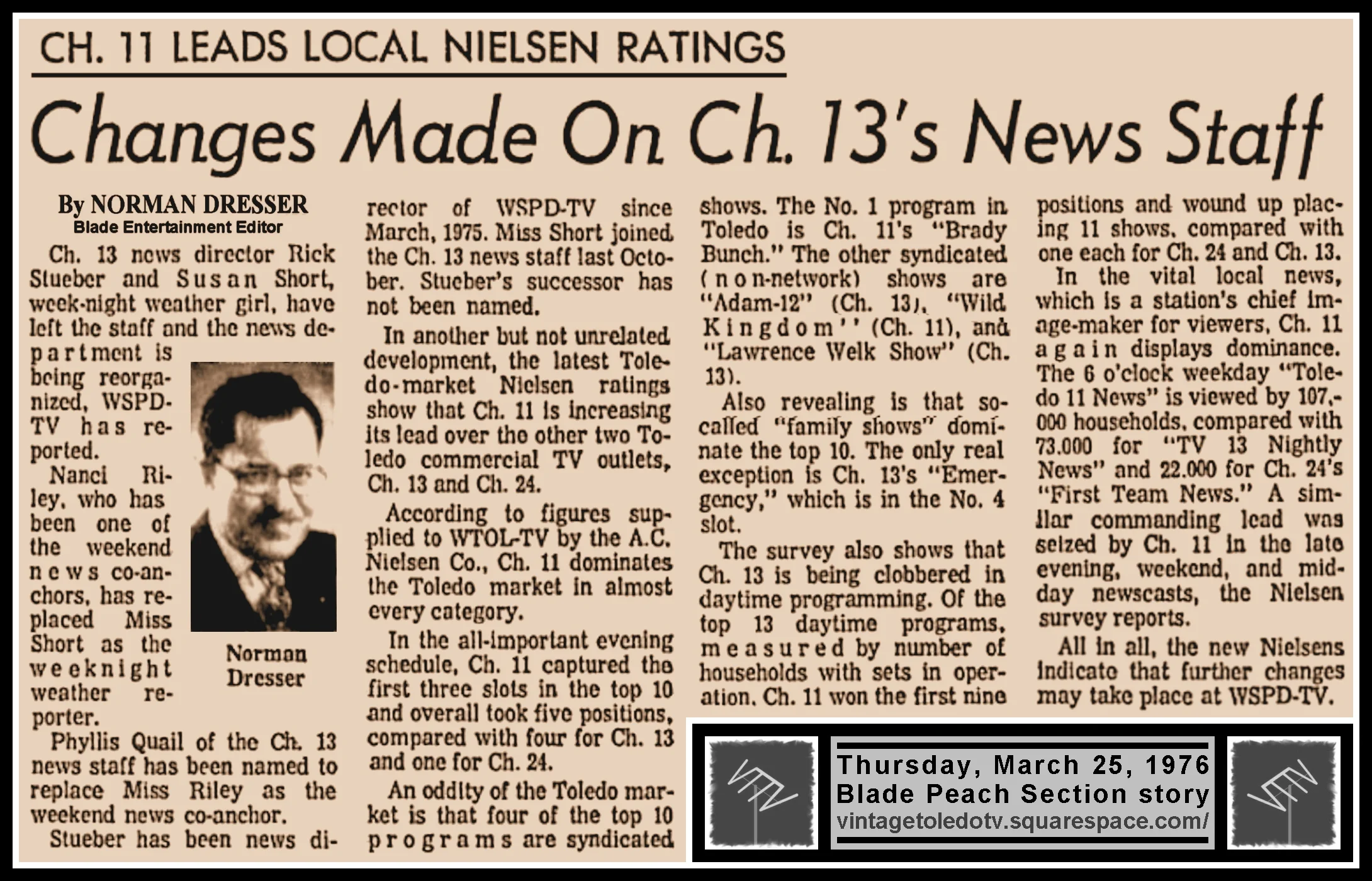 "Changes Made On Ch. 13's News Staff" by Norman Dresser, in The Blade's Thursday, 3/25/76 Peach Section