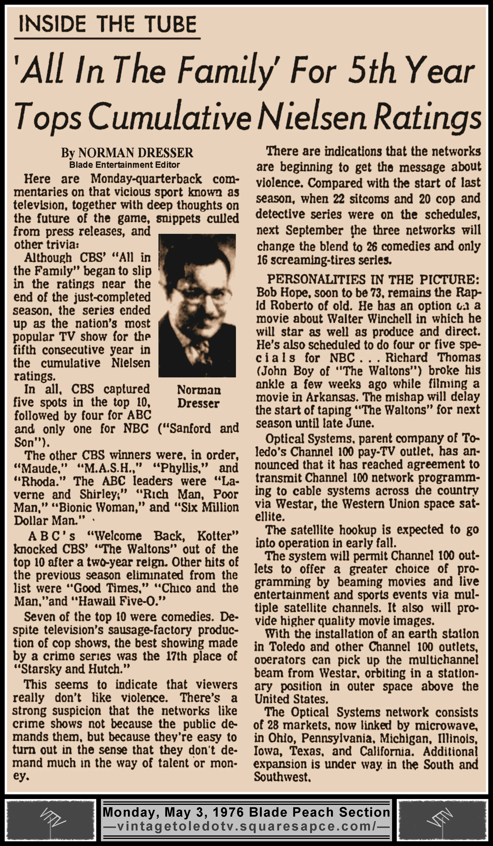 "'All In The Family' For 5th Year Tops Cumulative Nielsen Ratings" by Norman Dresser, in The Blade's Monday, 5/3/76 Peach Section