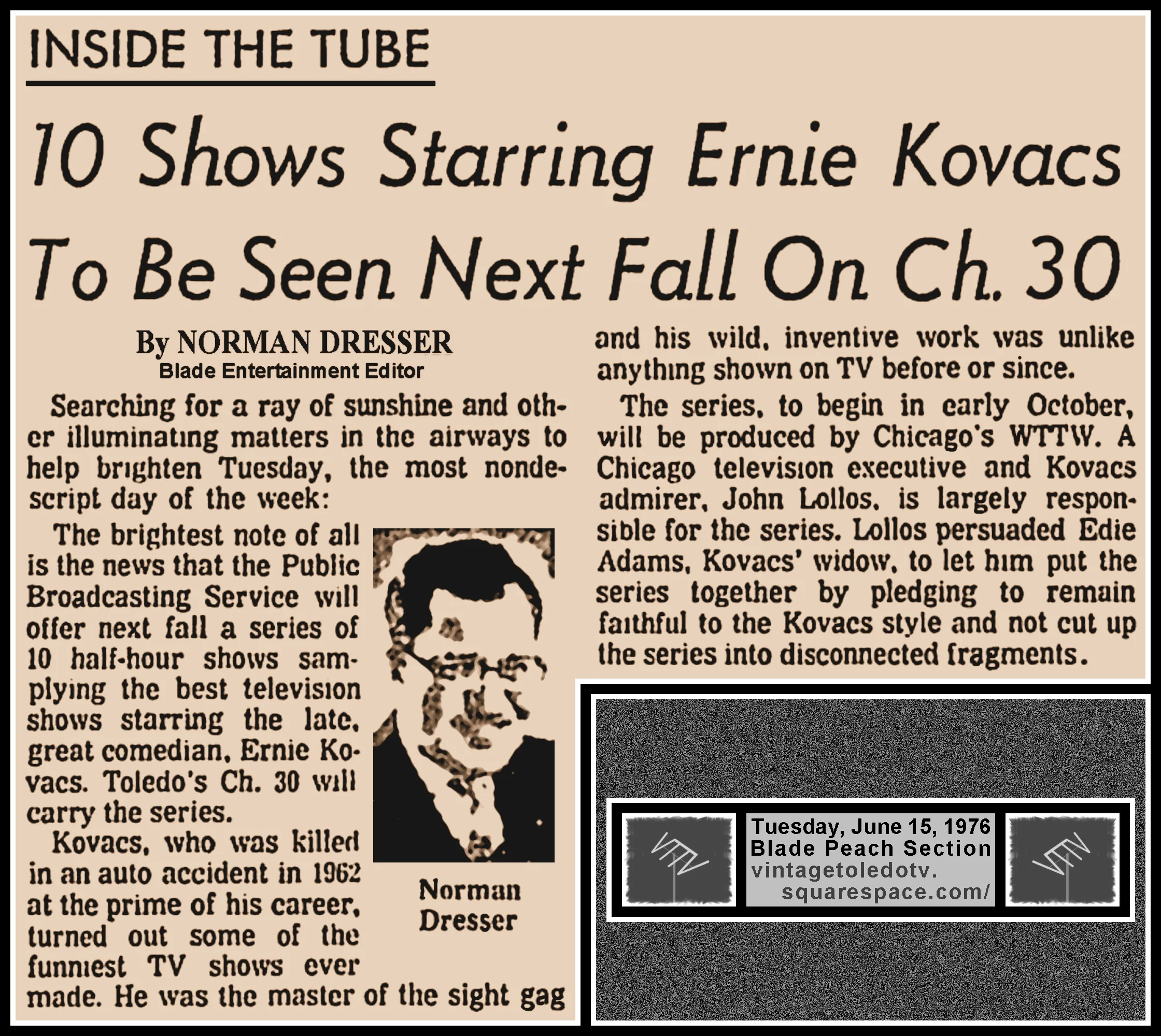 "10 Shows Starring Ernie Kovacs To Be Seen Next Fall On Ch. 30" by Norman Dresser, in The Blade's Tuesday, 6/15/76 Peach Section