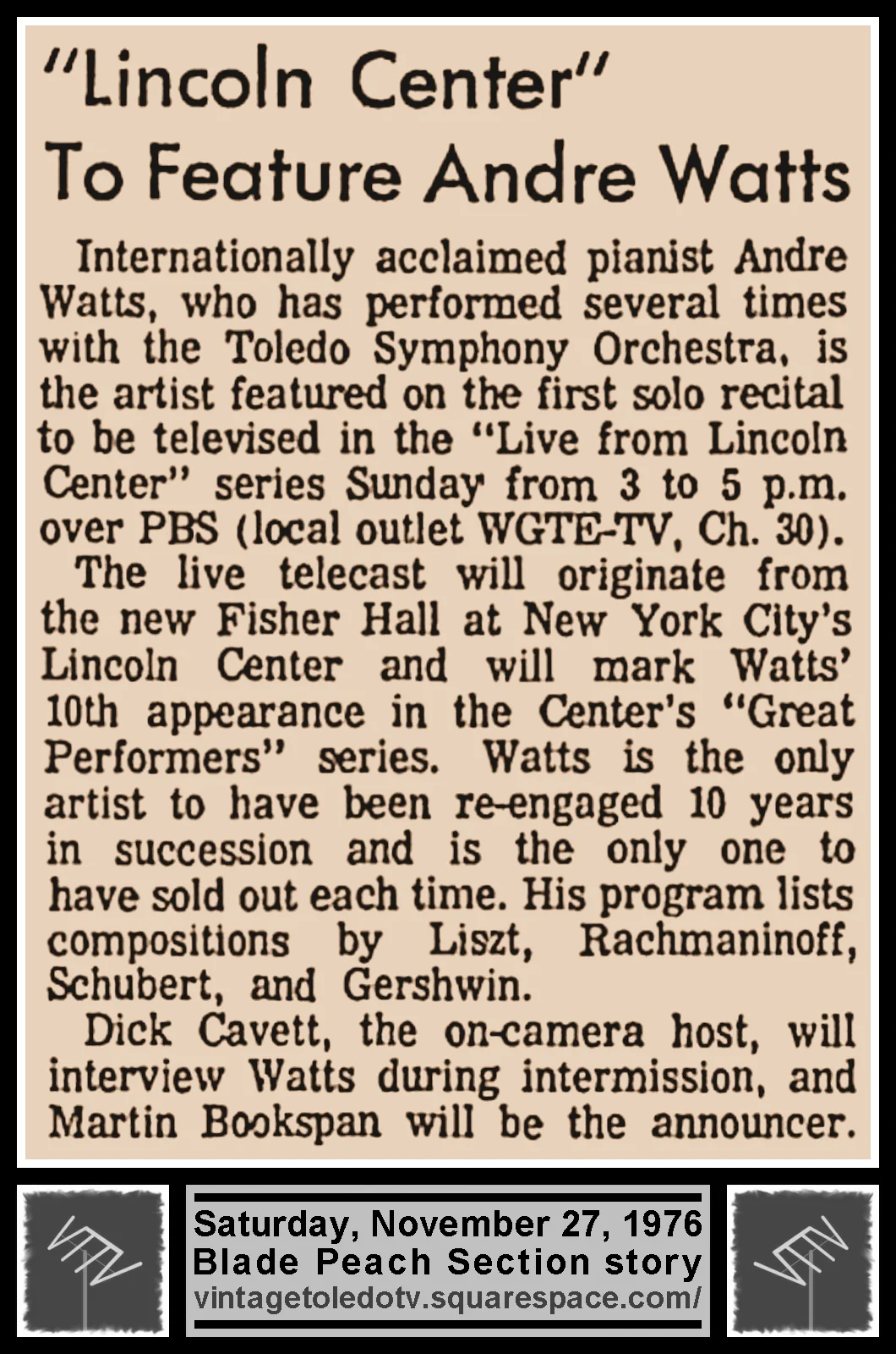 "'Lincoln Center' To Feature Andre Watts," in The Blade's Saturday, 11/27/76 Peach Section