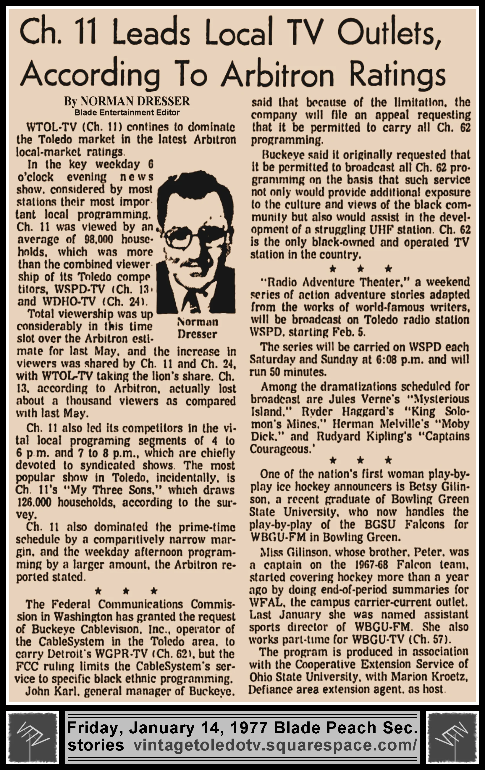 "Ch. 11 Leads Local TV Outlets, According To Arbiton Ratings" by Norman Dresser, in The Blade's Friday, 1/14/77 Peach Section