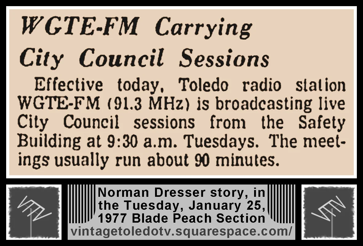 "WGTE-FM Carrying City Council Sessions" by Norman Dresser, in The Blade's Tuesday, 1/25/77 Peach Section