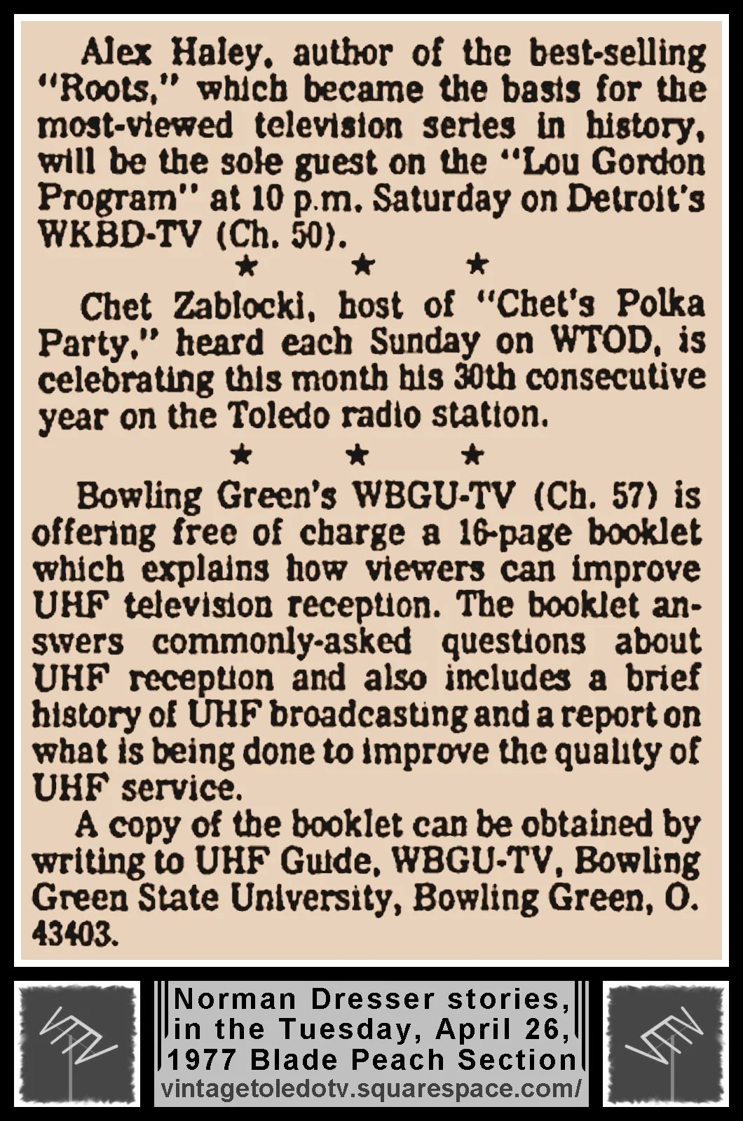 Three Norman Dresser items in The Blade's Tuesday, 4/26/77 Peach Section