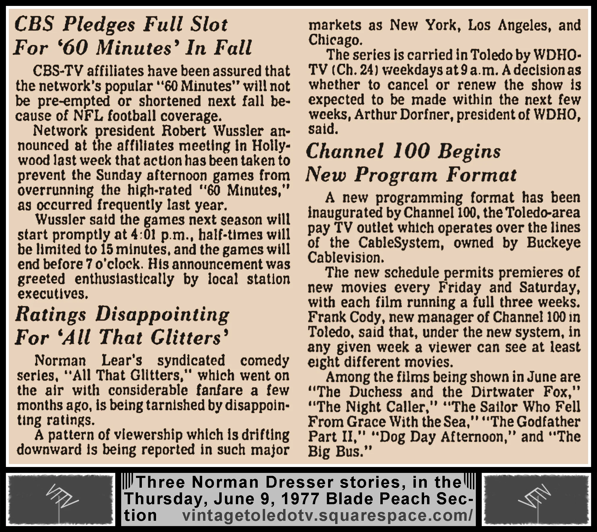 "CBS Pledges Full Slot For '60 Minutes' In Fall," "Ratings Disappointing For 'All That Glitters'" & "Channel 100 Begins New Program Format" by Norman Dresser, in The Blade's Thu. 6/9/77 Peach Section