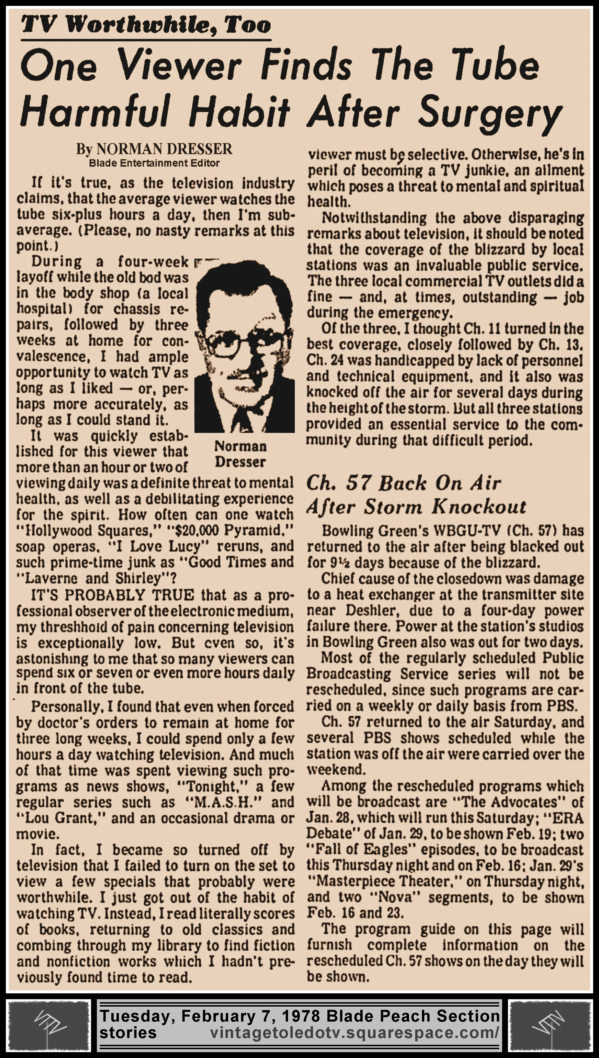 "One Viewer Finds The Tube Harmful Habit After Surgery" & "Ch. 57 Back On Air After Storm Knockout" by Norman Dresser, in The Blade's Tuesday, 2/7/79 Peach Section