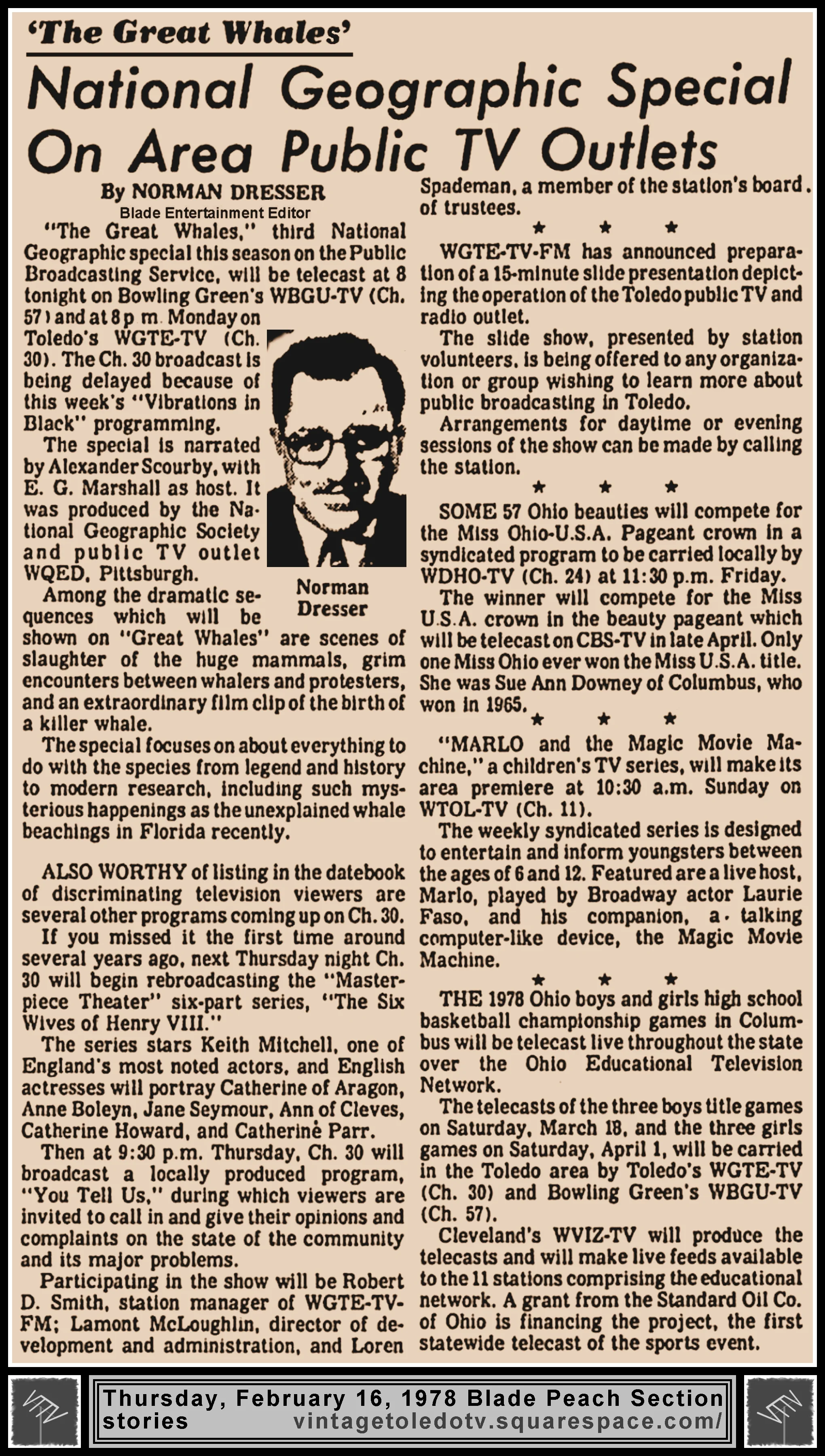 "National Geographic Special On Area Public TV outlets" and other items, by Norman Dresser, in The Blade's Thursday, 2/16/78 Peach Section
