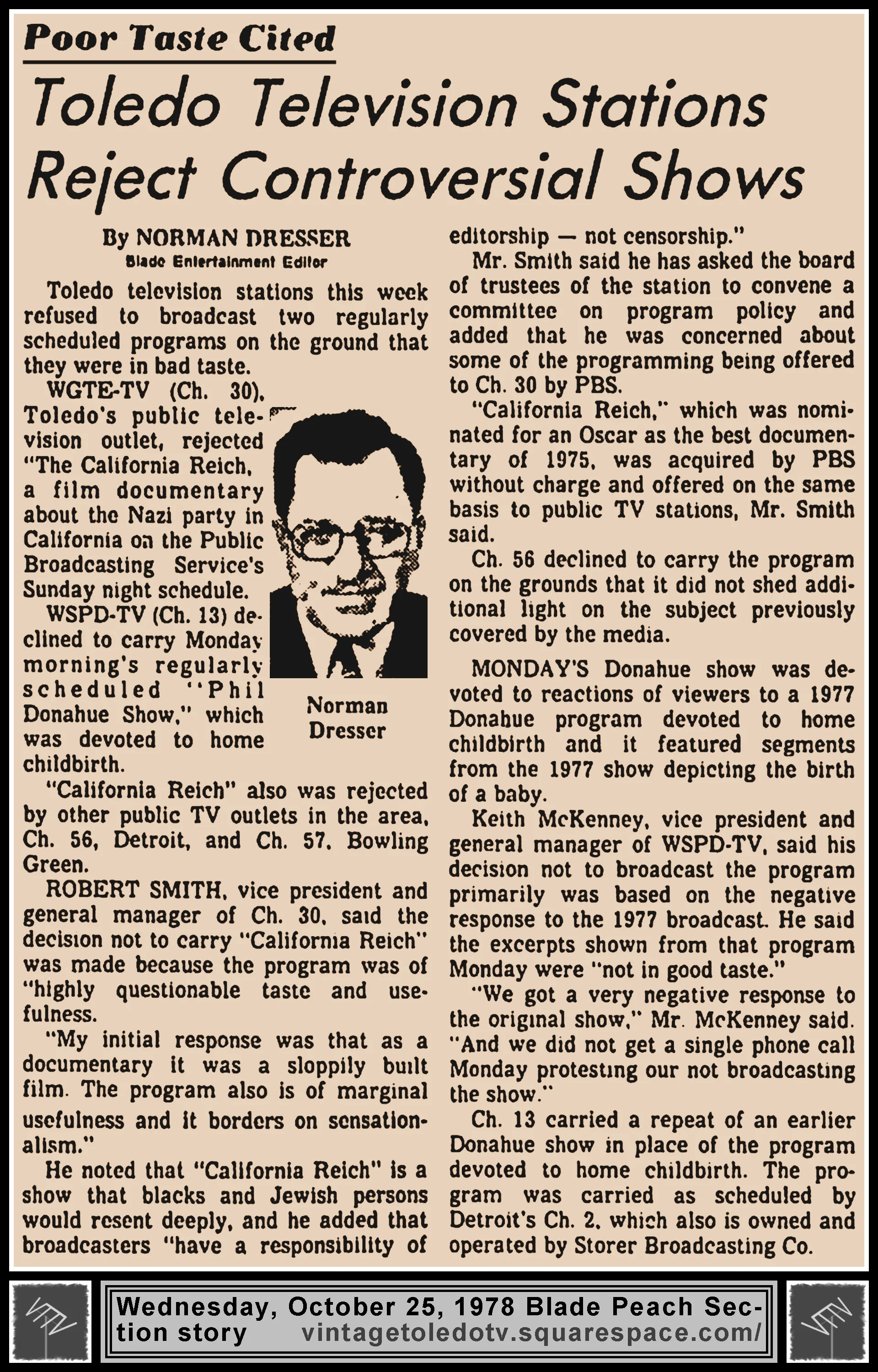 "Toledo Television Stations Reject Controversial Shows" by Norman Dresser, in The Blade's Wednesday, 10/25/78 Peach Section