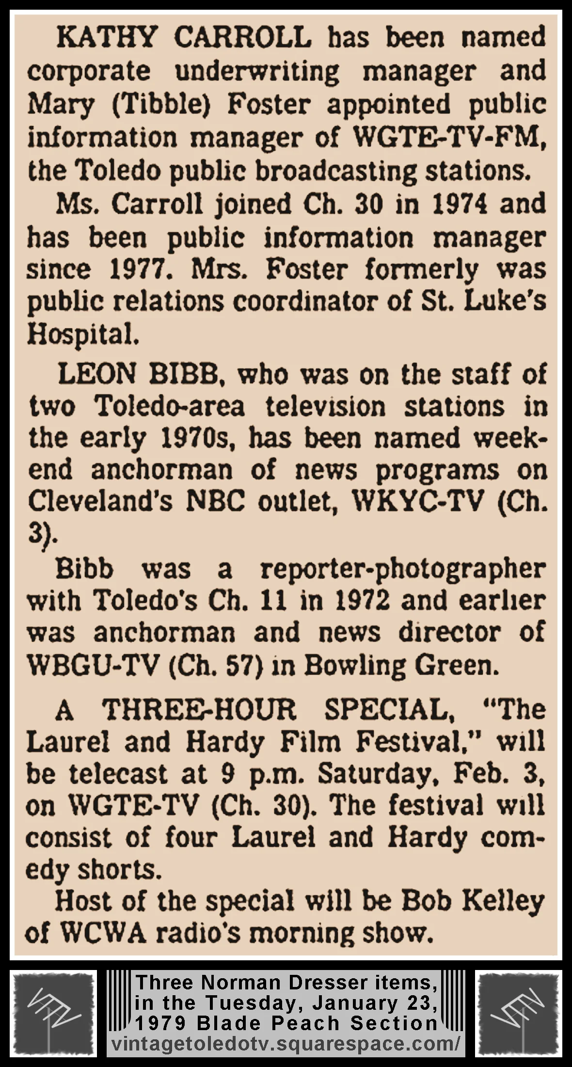 3 Norman Dresser items, in The Blade's Tuesday, 1/23/79 Peach Section