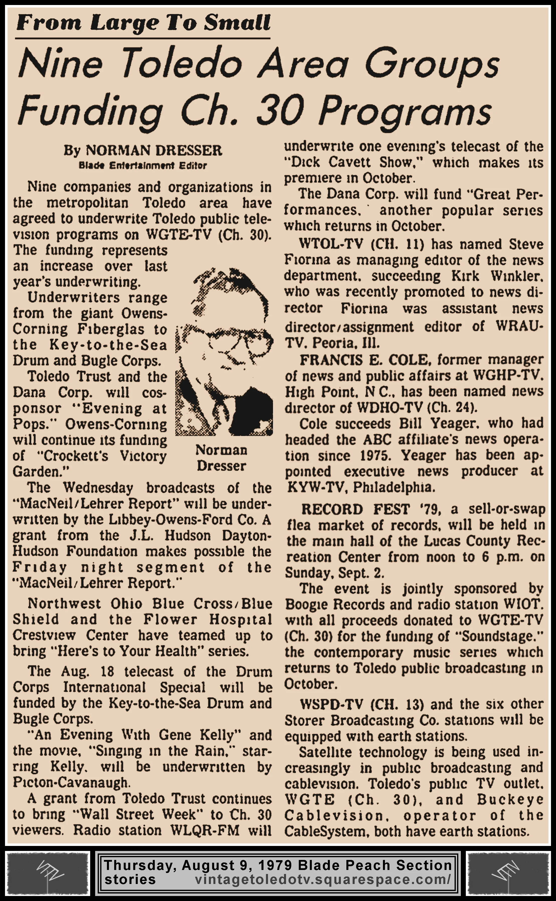 Nine Toledo Area Groups Funding Ch. 30 Programs" & other items by Norman Dresser, in The Blade's Thursday, 8/9/79 Peach Section