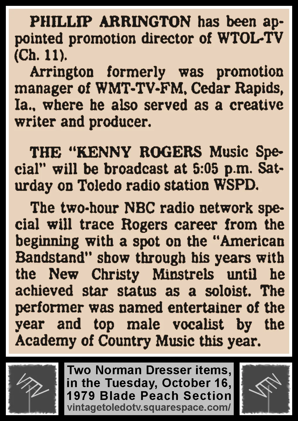 Two Norman Dresser items in The Blade's Tuesday, 10/16/79 Peach Section