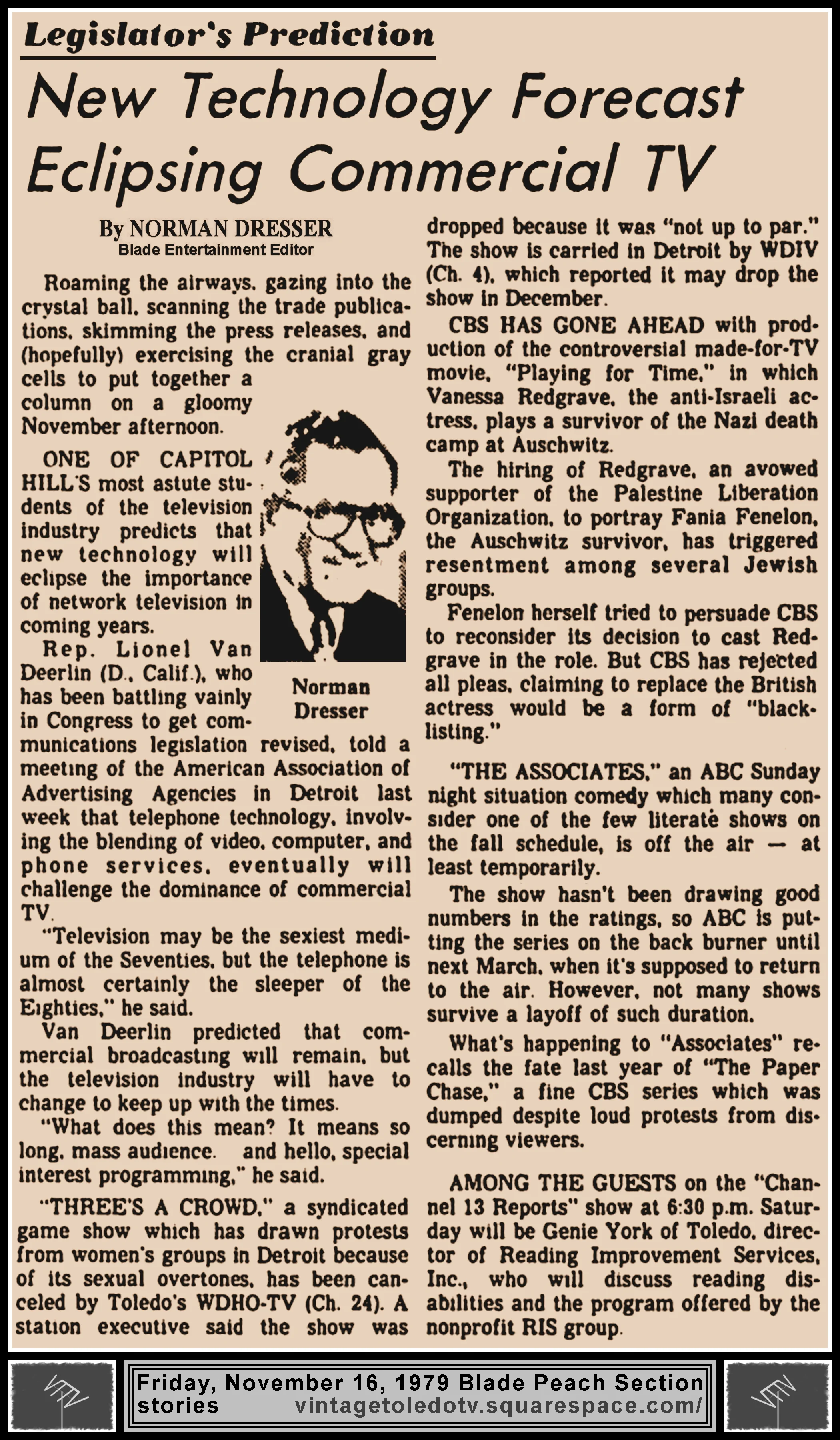 "New Technology Forecast Eclipsing Commercial TV" and other items, by Norman Dresser, in The Blade's Friday, 11/16/79 Peach Section