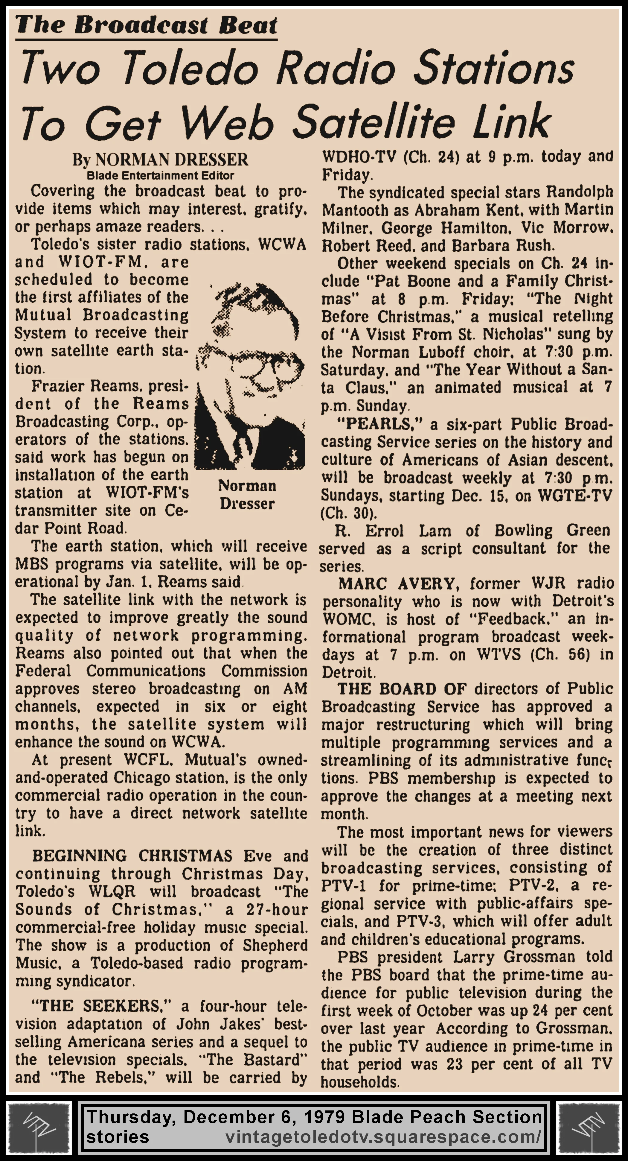 "Two Toledo Radio Stations To Get Web Satellite Link" and other items, by Norman Dresser, in The Blade's Thursday, 12/6/79 Peach Section