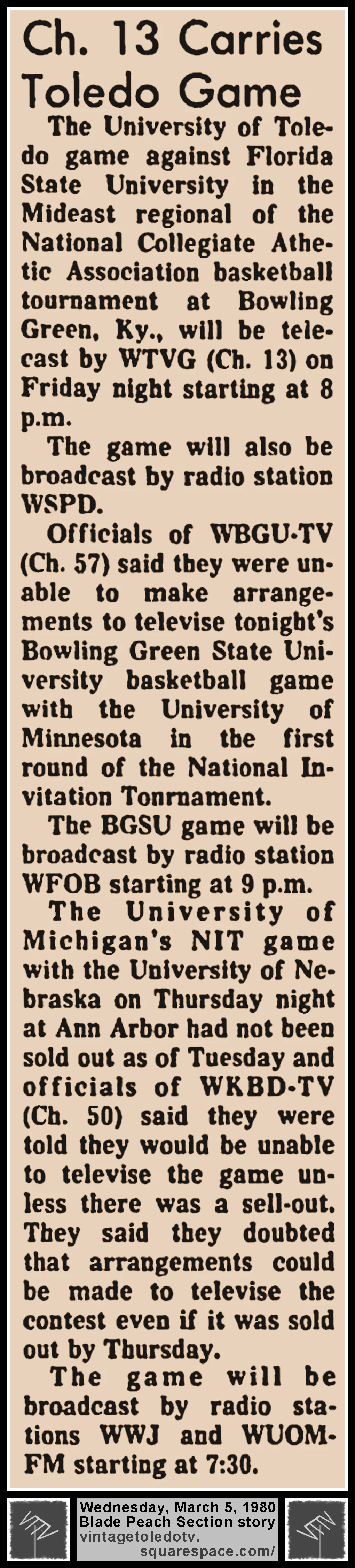 "Ch. 13 Carries Toledo Game," in The Blade's Wednesday, 3/5/80 Peach Section