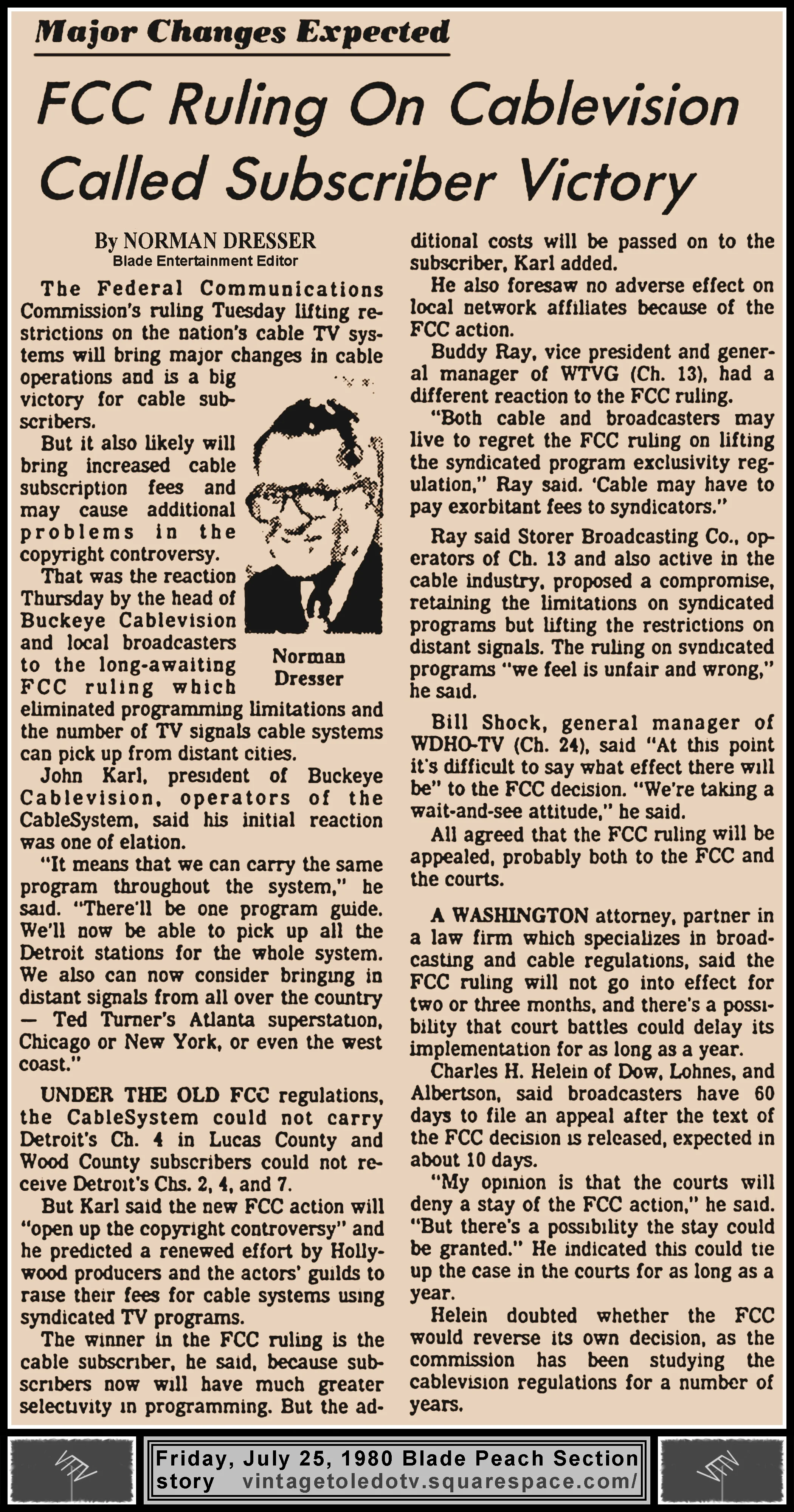 "FCC Ruling On Cablevision Called Subscriber Victory" by Norman Dresser, in The Blade's Friday, 7/25/80 Peach Section