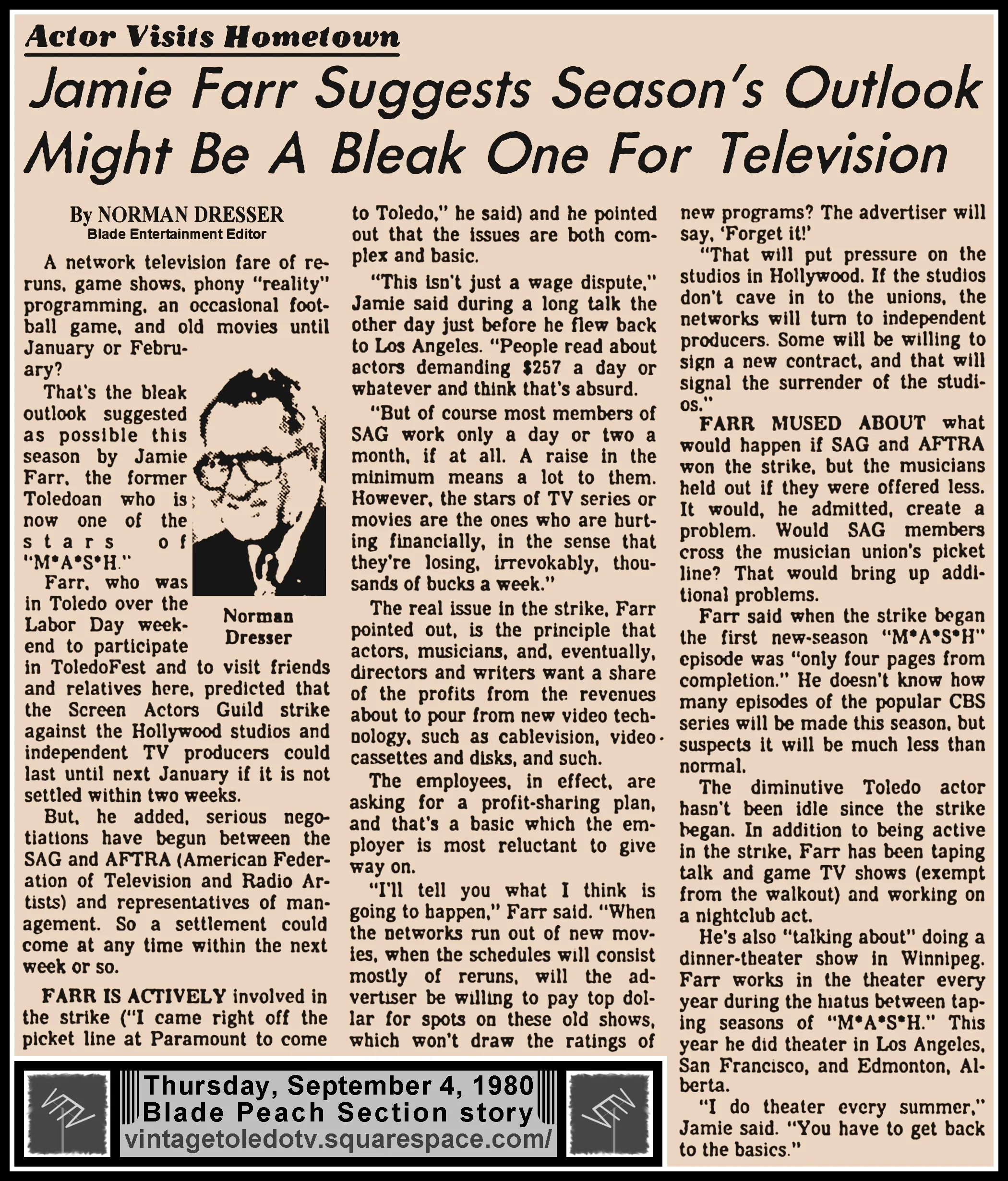"Jamie Farr Suggests Season's Outlook Might Be A Bleak One For Television" by Norman Dresser, in The Blade's Thursday, 9/4/80 Peach Section
