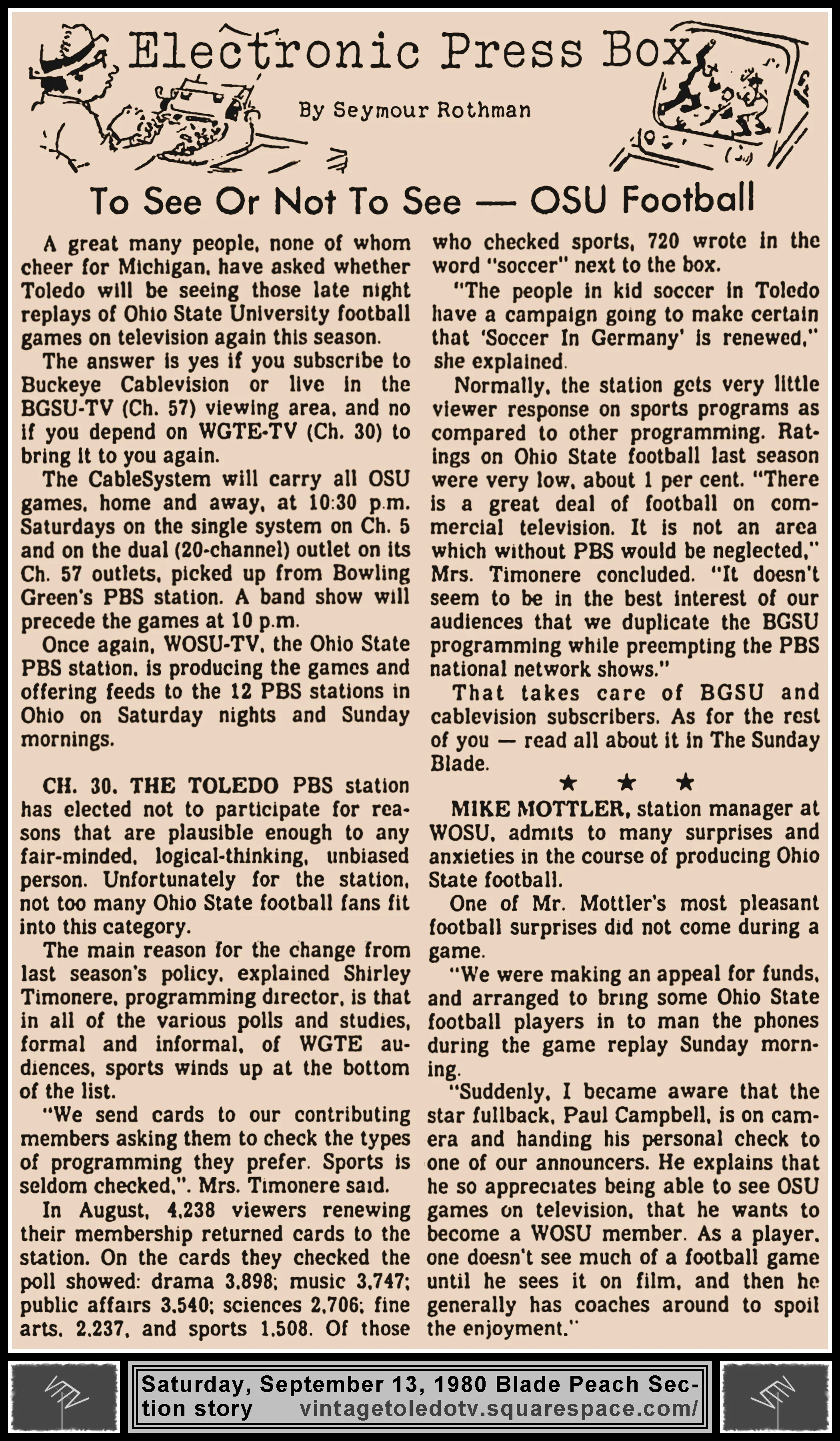 Electronic Press Box "To See Or Not To See - OSU Football" by Seymour Rothman, in The Blade's Saturday, 9/13/80 Peach Section