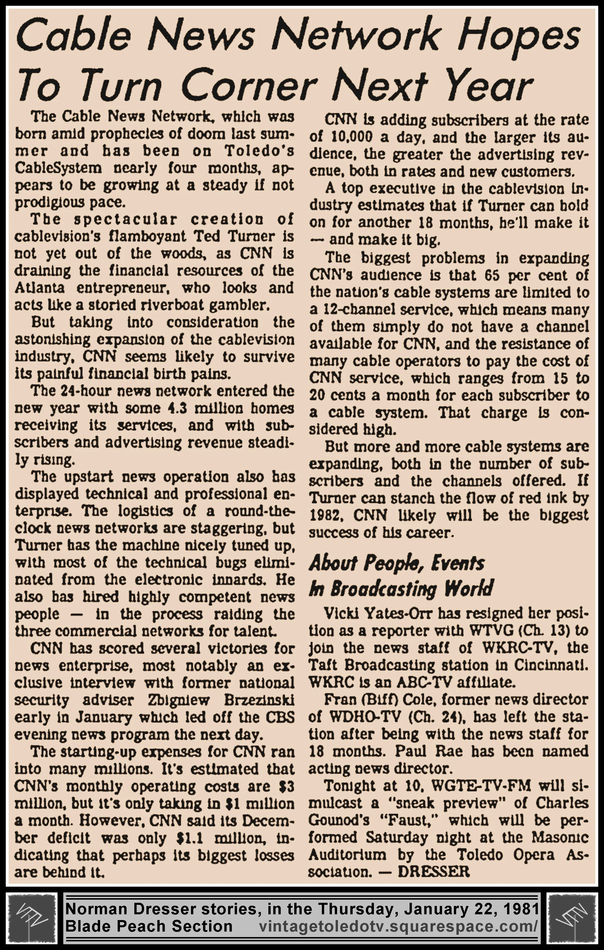 "Cable New Network Hopes To Turn Corner Next Year" and other items, by Norman Dresser, in The Blade's Thursday, 1/22/81 Peach Section