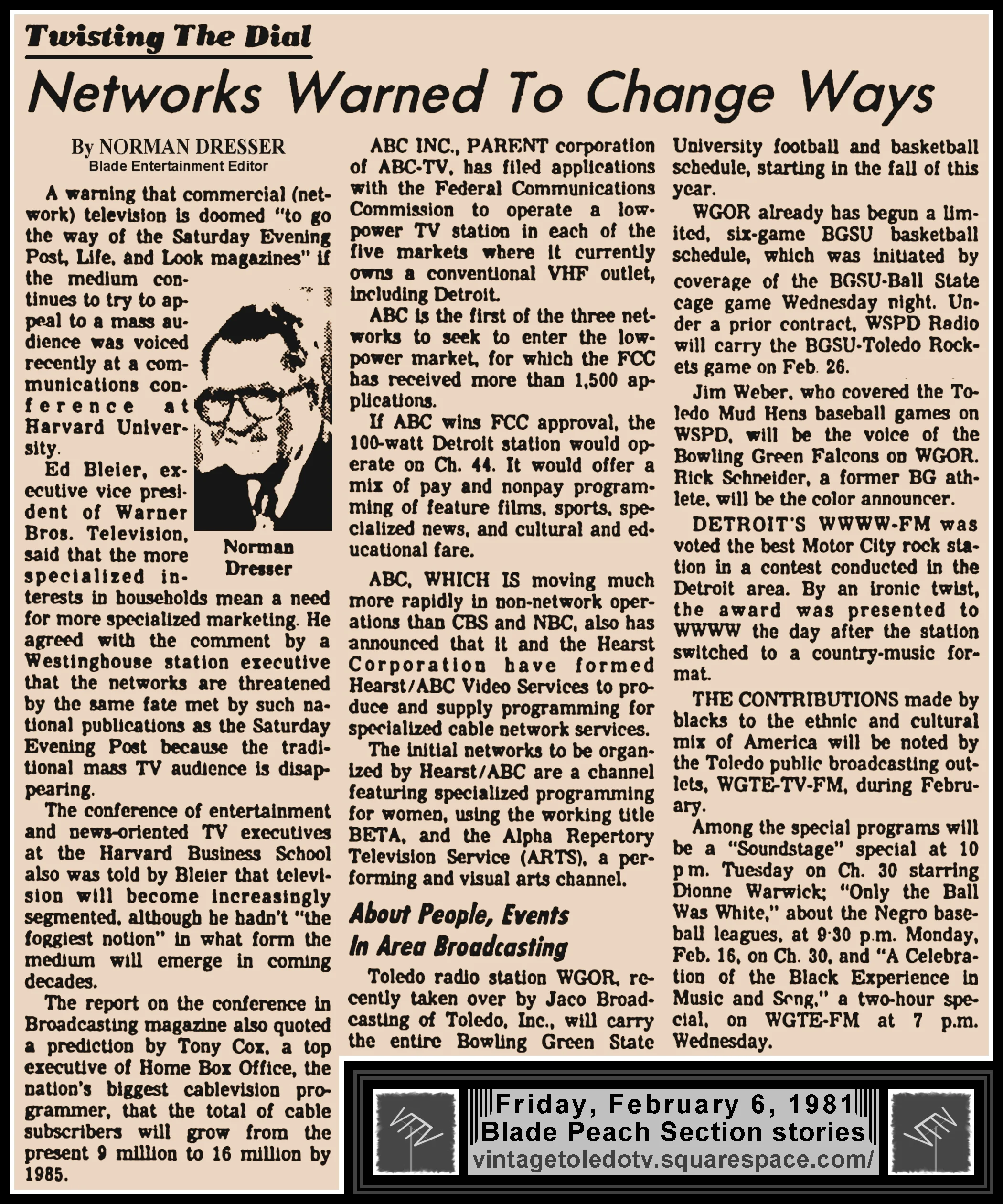 "Networks Warned To Change Ways" and other items, by Norman Dresser, in The Blade's Friday, 2/6/81 Peach Section