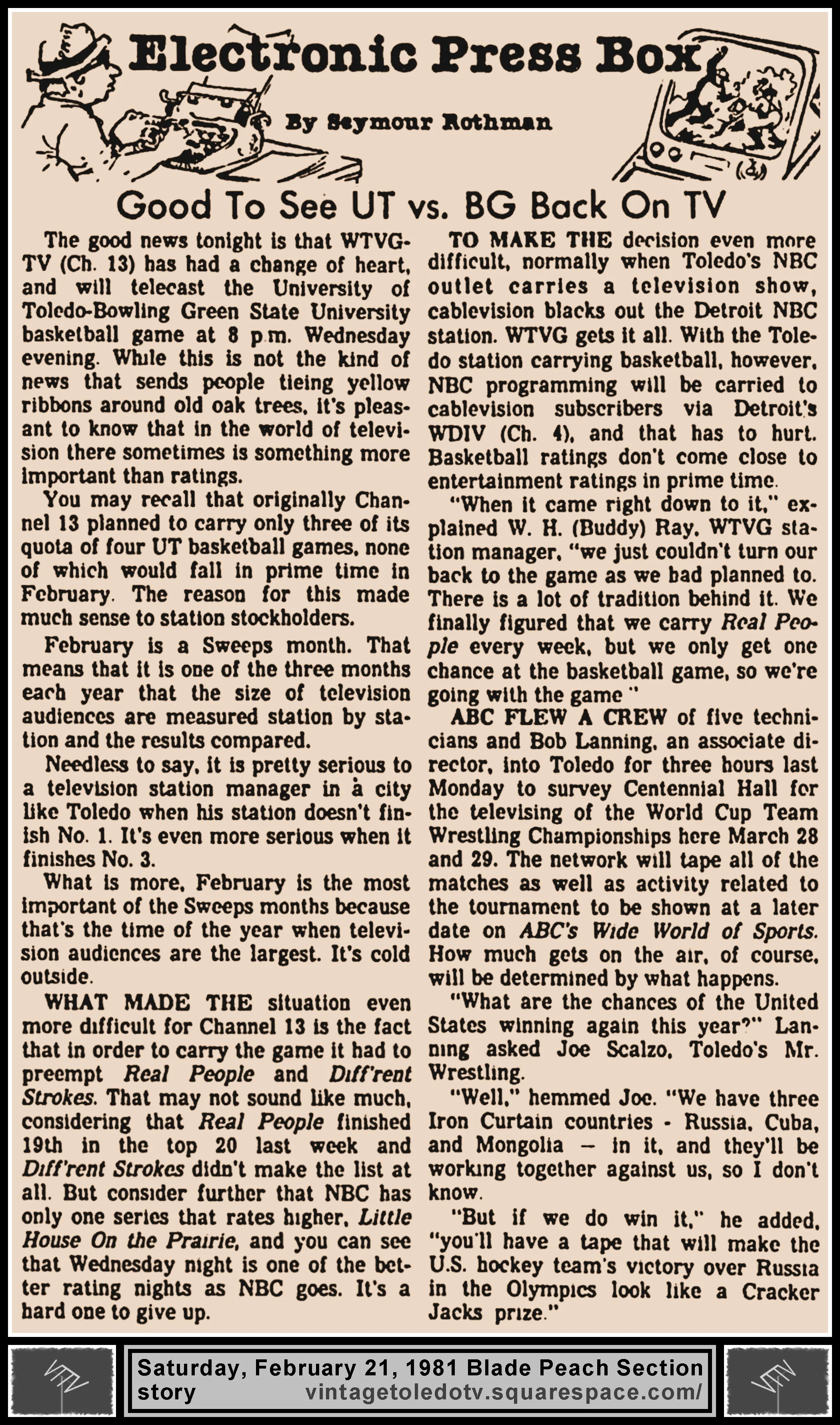Electronic Press Box "Good To See UT vs. BG Back On TV" by Seymour Rothman, in The Blade's Saturday, 2/21/81 Peach Section