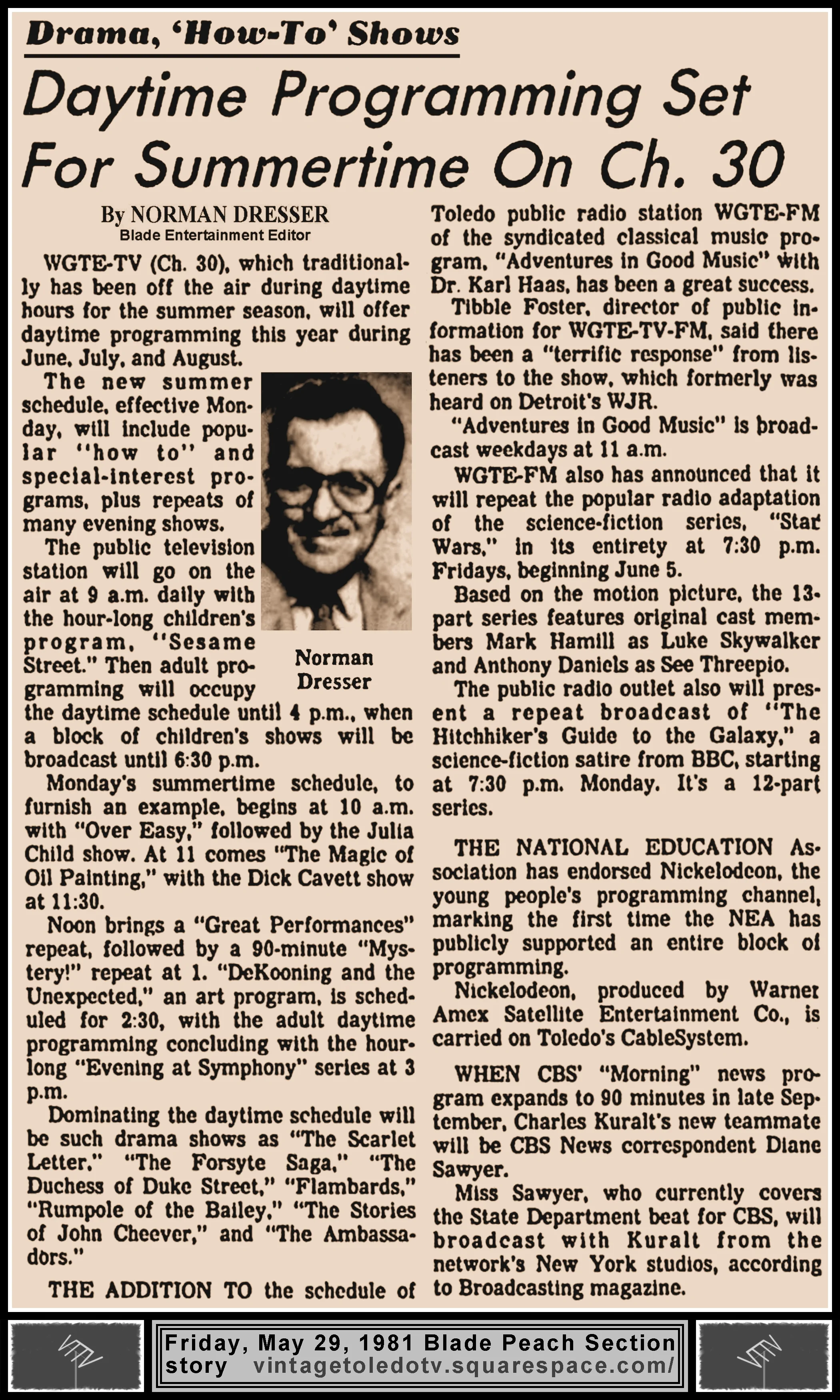 "Daytime Programming Set For Summertime On Ch. 30" and other items, by Norman Dresser, in The Blade's Friday, 5/29/81 Peach Section