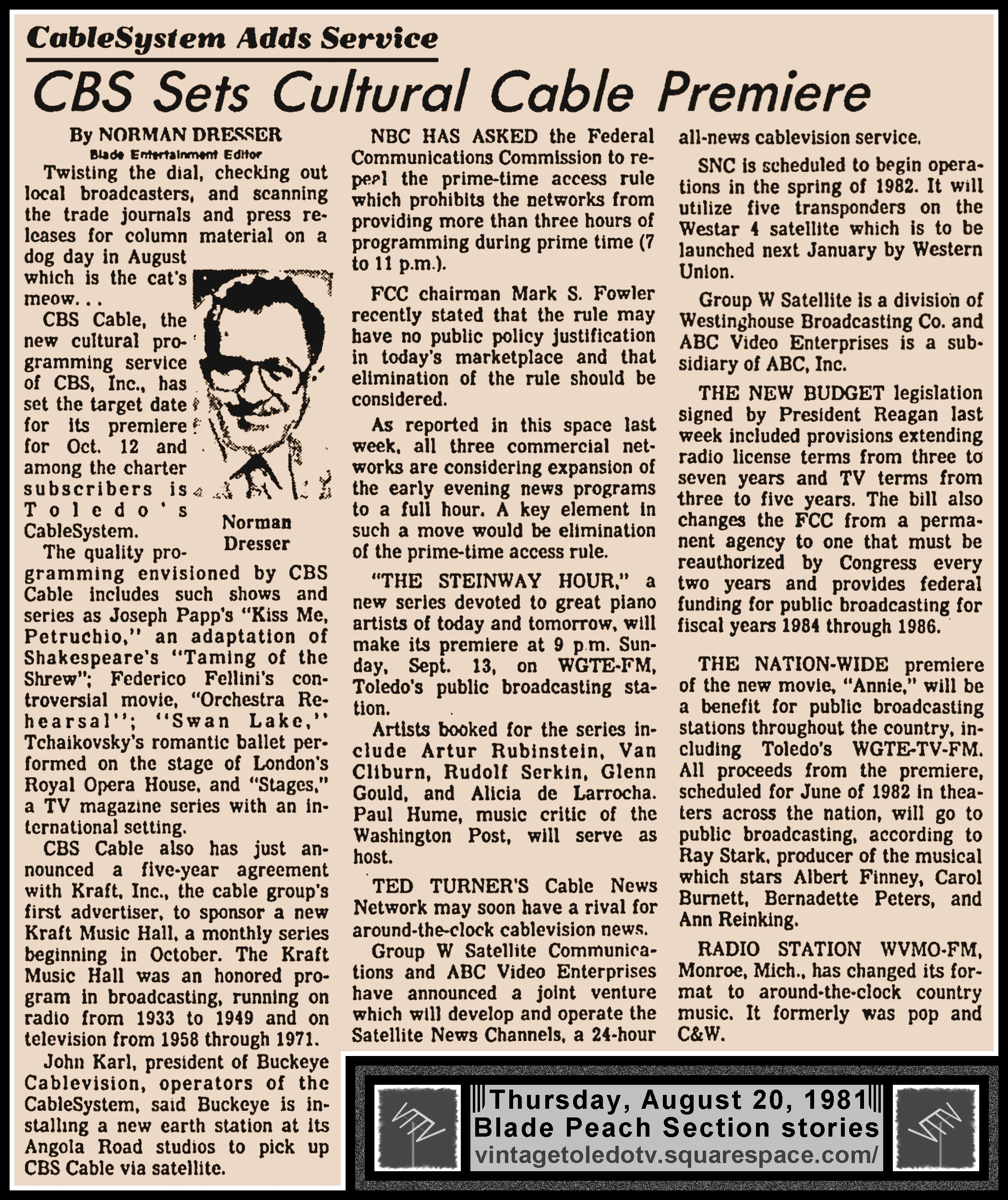 "CBS Sets Cultural Cable Premiere" and other items, by Norman Dresser, in The Blade's Thursday, 8/20/81 Peach Section