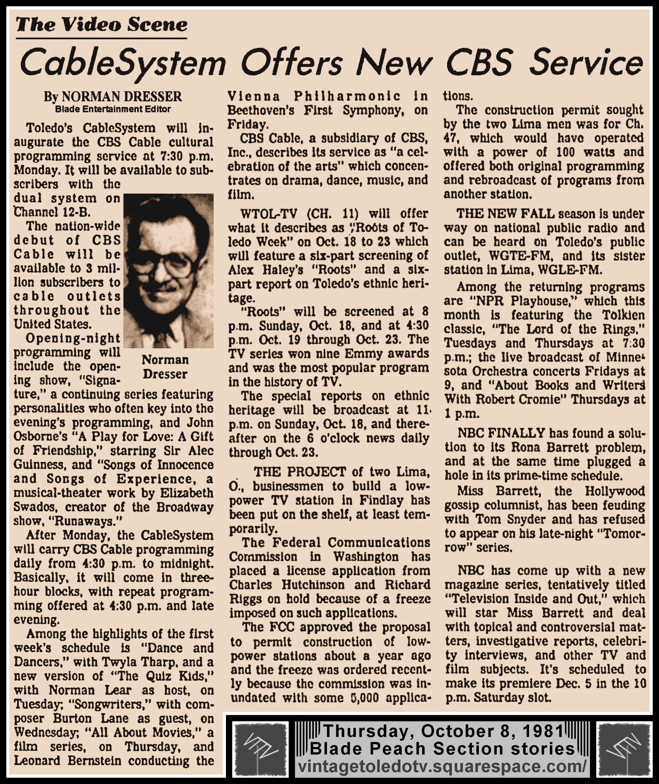 "CableSystem Offers New CBS Service" and other items, by Norman Dresser, in The Blade's Thursday, 10/8/81 Peach Section