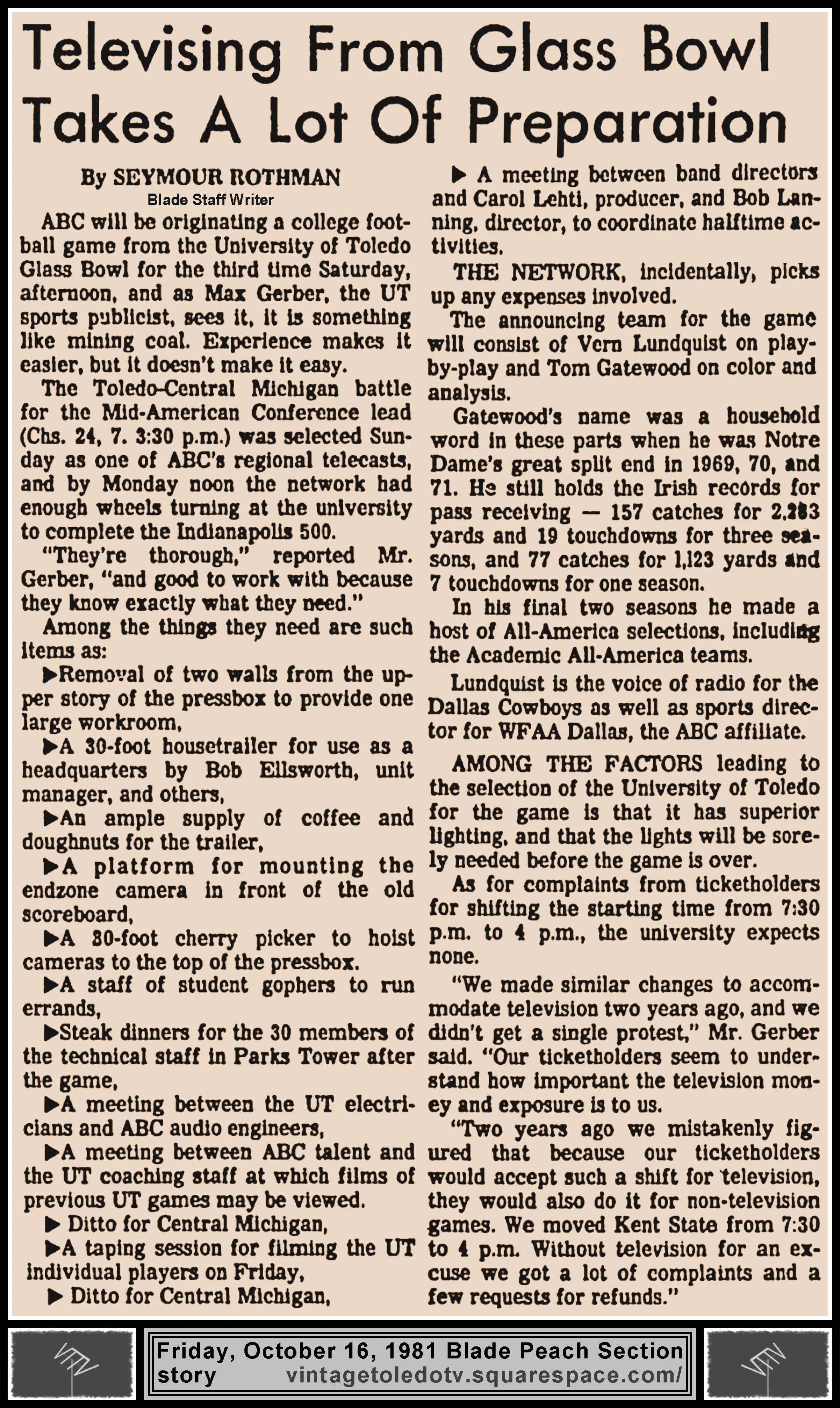 "Televising From Glass Bowl Takes A Lot Of Preparation" by Seymour Rothman, in The Blade's Friday, 10/16/81 Peach Section