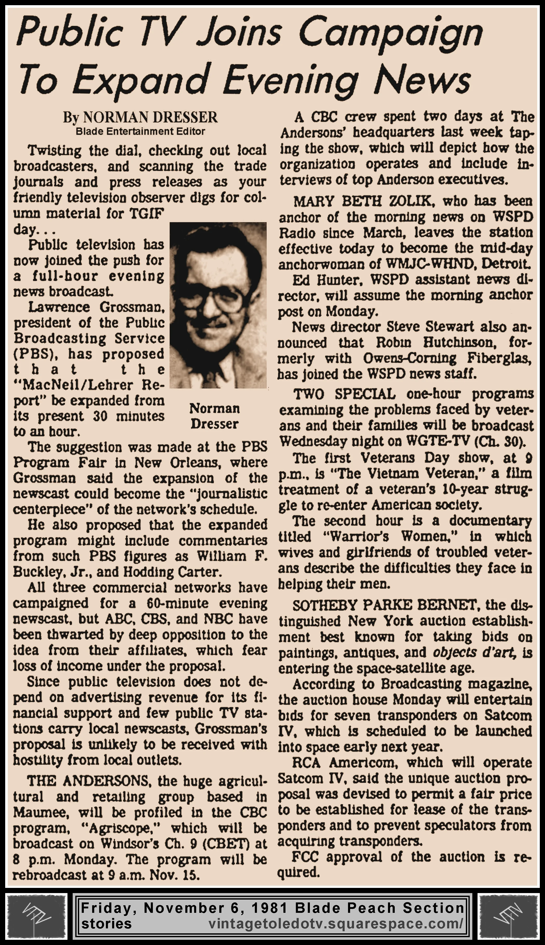 "Public TV Joins Campaign To Expand Evening News" and other items, by Norman Dresser, in The Blade's Friday, 11/6/81 Peach Section