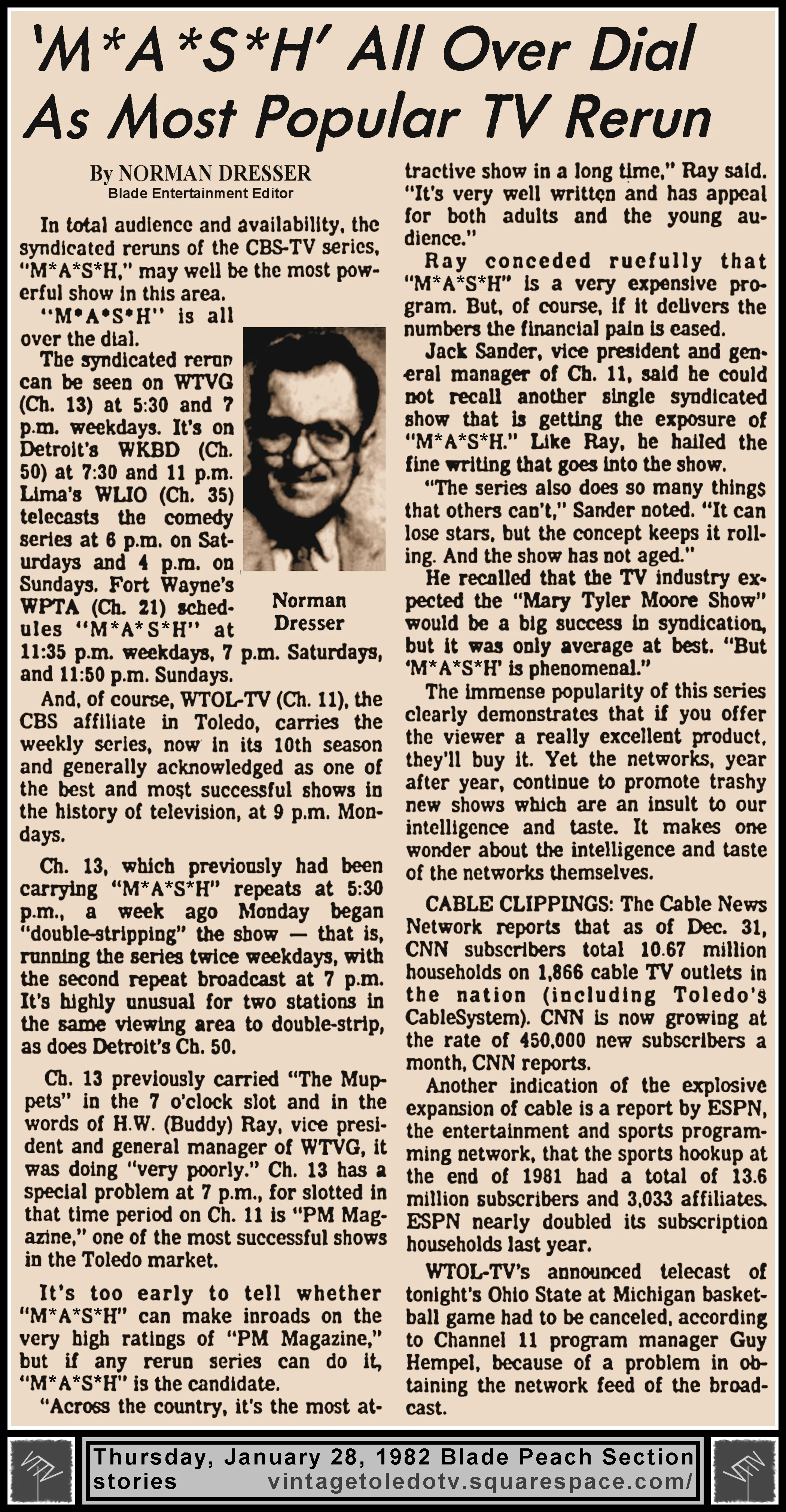 "'M*A*S*H' All Over Dial As Most Popular TV Rerun" by Norman Dresser, in The Blade's Thursday, 1/28/82 Peach Section