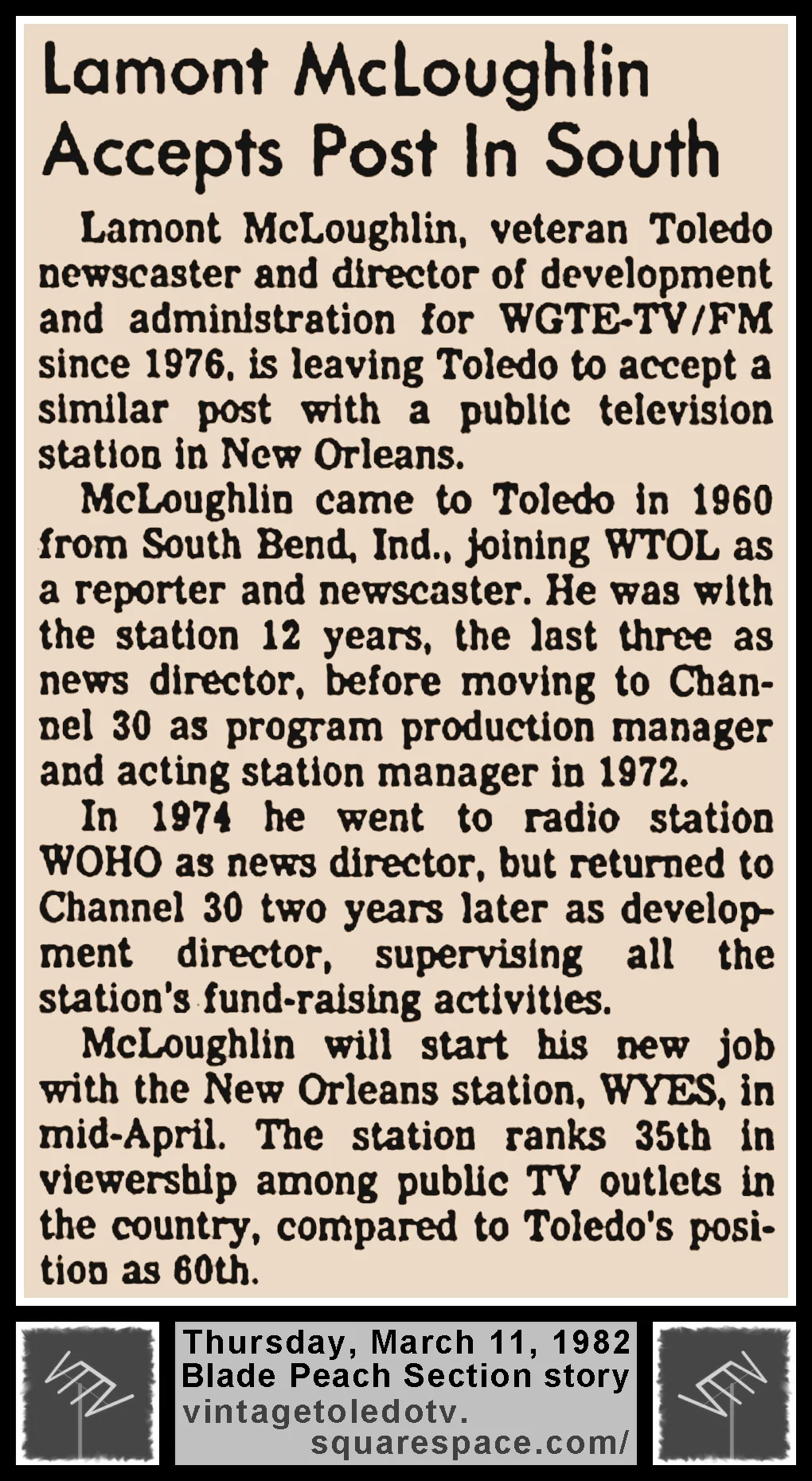 "Lamont McLoughlin Accepts Post In South," in The Blade's Thursday, 3/11/82 Peach Section