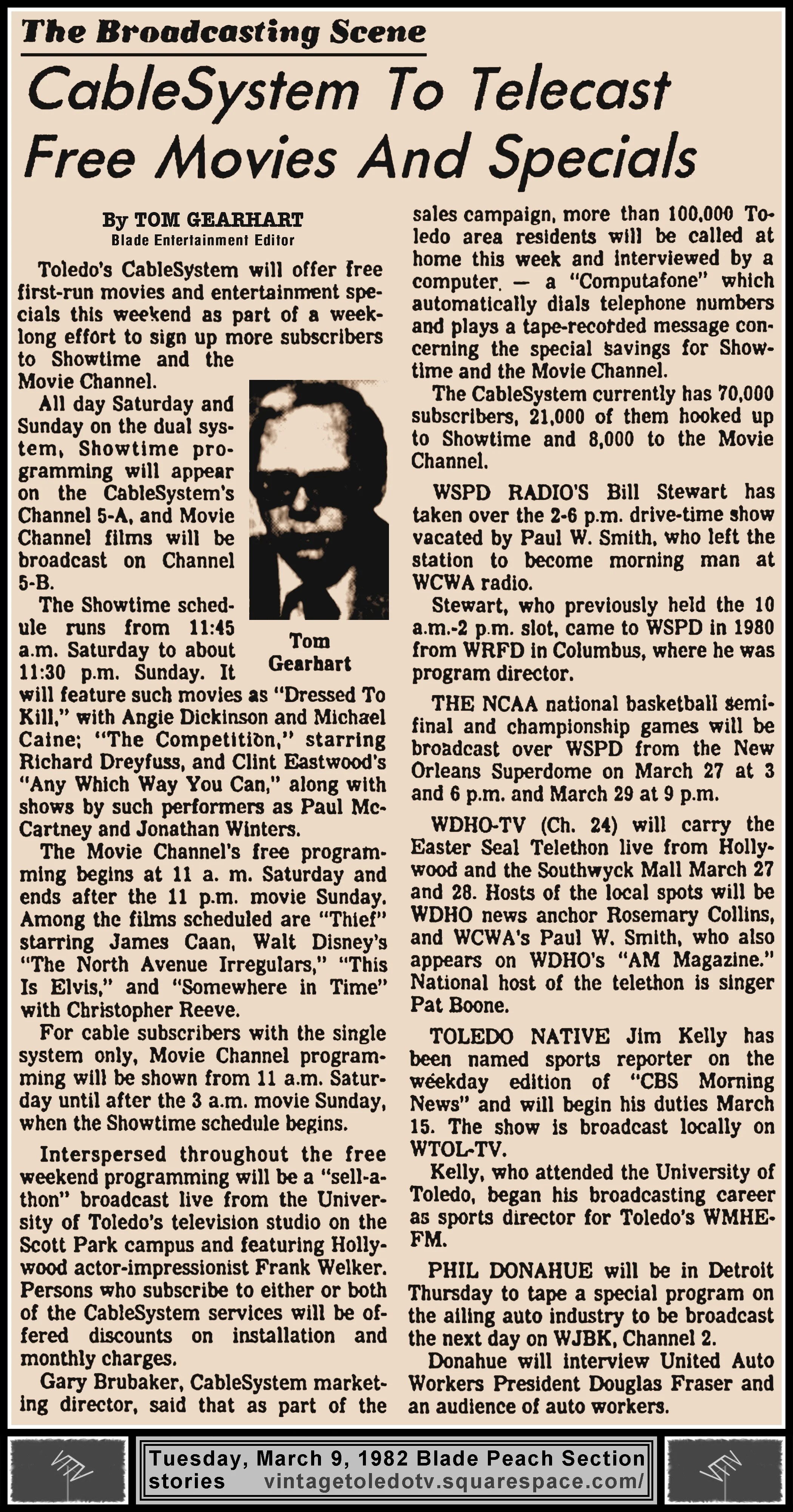 "CableSystem To Telecast Free Movies And Specials" and other items, by Norman Dresser, in The Blade's Tuesday, 3/9/82 Peach Section