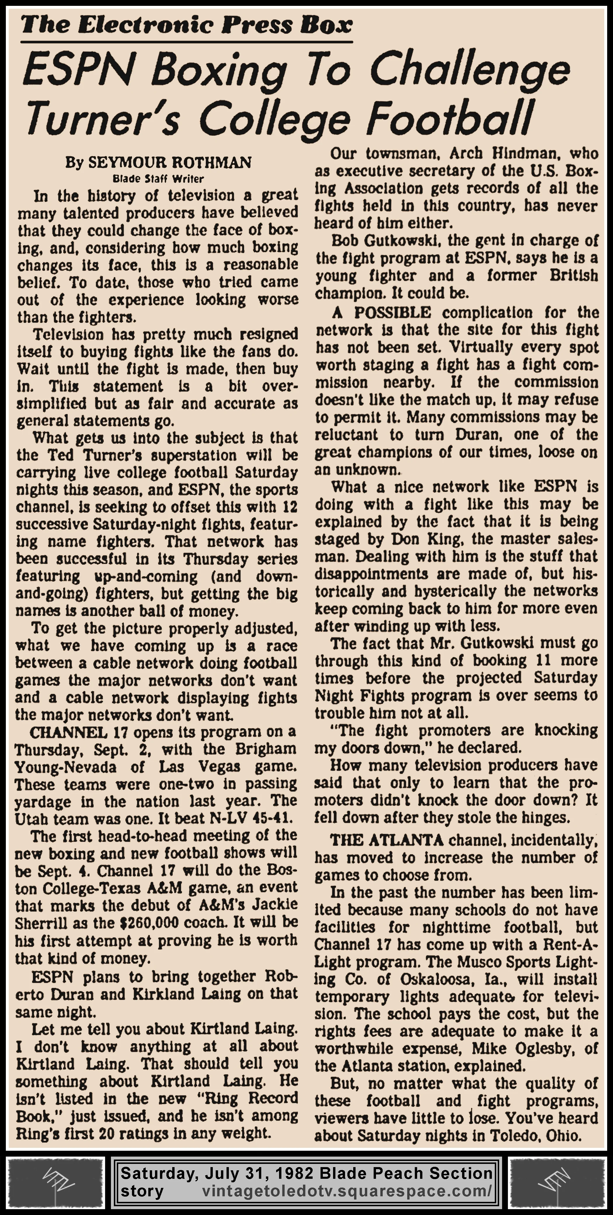 Electronic Press Box "ESPN Boxing To Challenge Turner's College Football" by Seymour Rothman, in The Blade's Saturday, 7/31/82 Peach Section