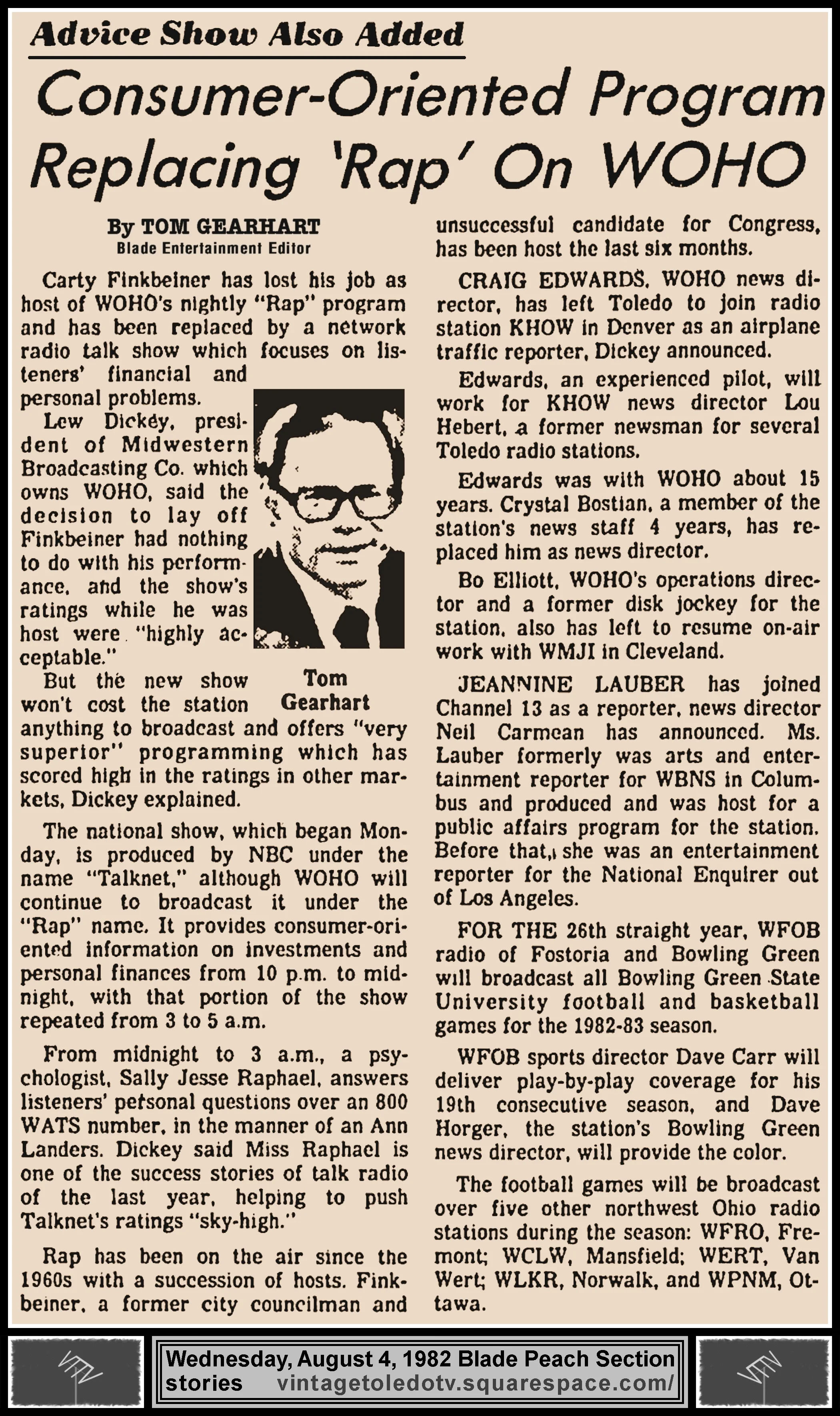 "Consumer-Oriented Program Replacing 'Rap' On WOHO" by Tom Gearhart, in The Blade's Wednesday, 8/4/82 Peach Section