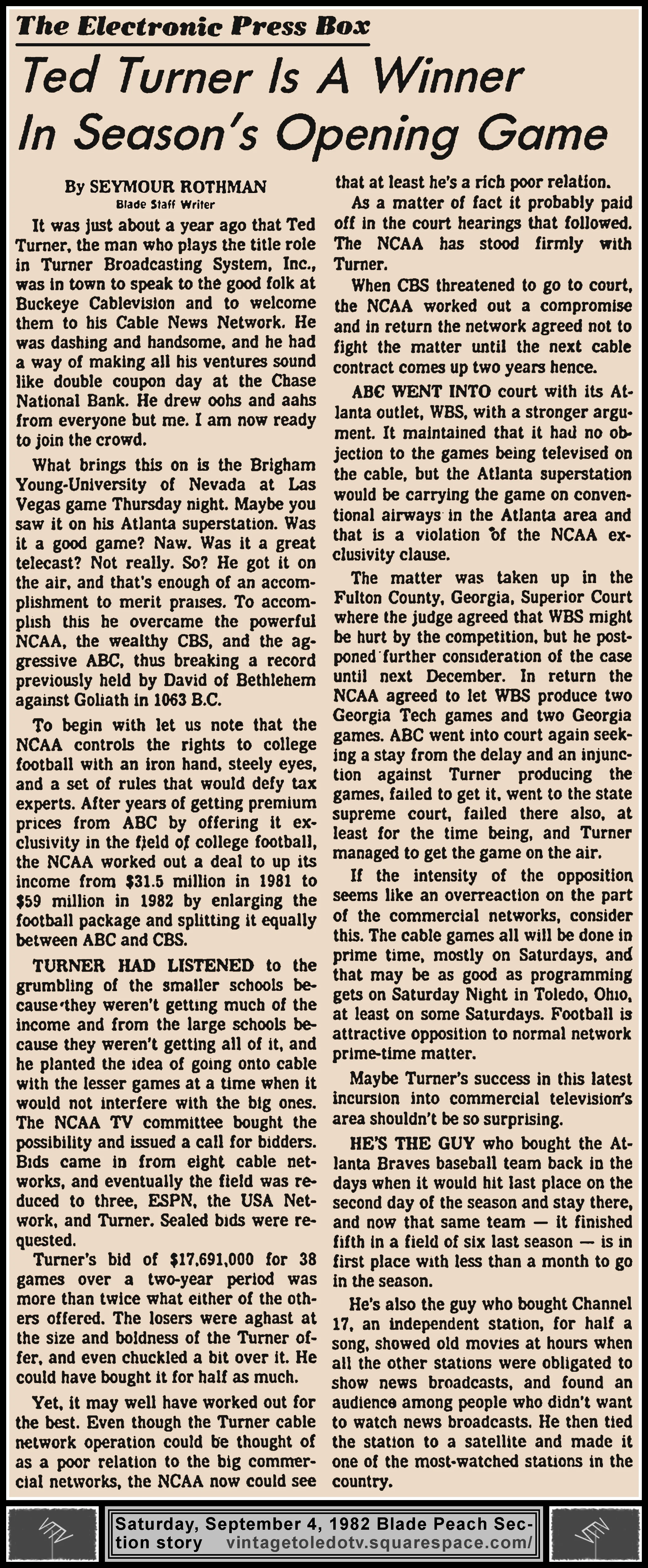 Electronic Press Box "Ted Turner Is A Winner In Season's Opening Game" by Seymour Rothman, in The Blade's Saturday, 9/4/82 Peach Section