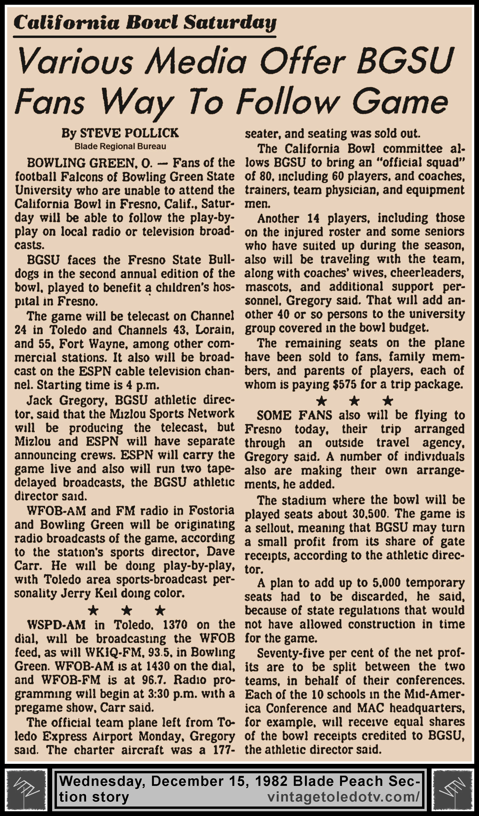 "Various Media Offer BGSU Fans Way To Follow Game" by Steve Pollick, in The Blade's Wednesday, 12/15/82 Peach Section