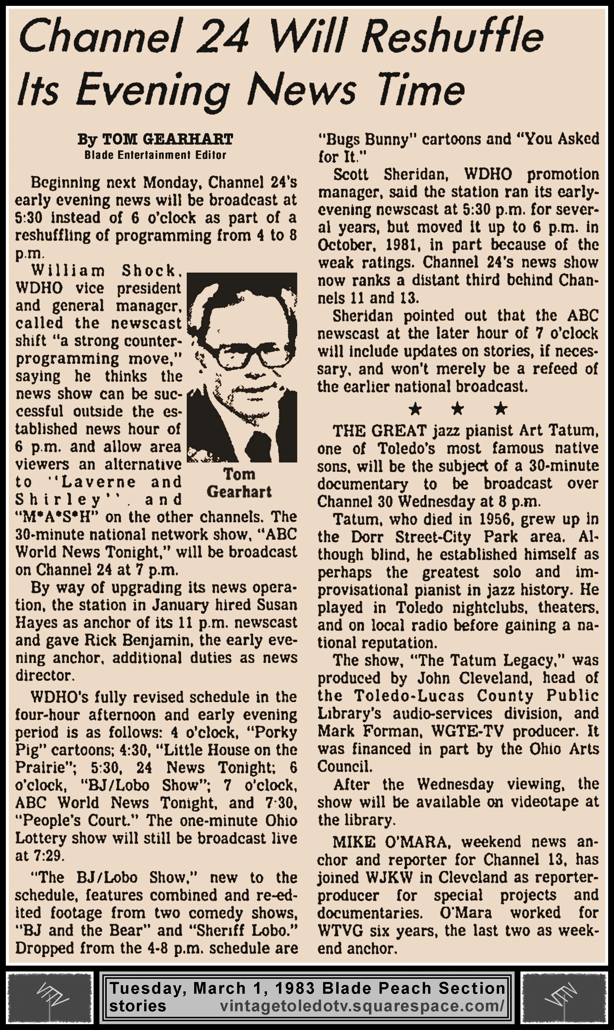 "Channel 24 Will Reshuffle Its Evening News Time" and other items, by Tom Gearhart, in The Blade's Tuesday, 3/1/83 Peach Section