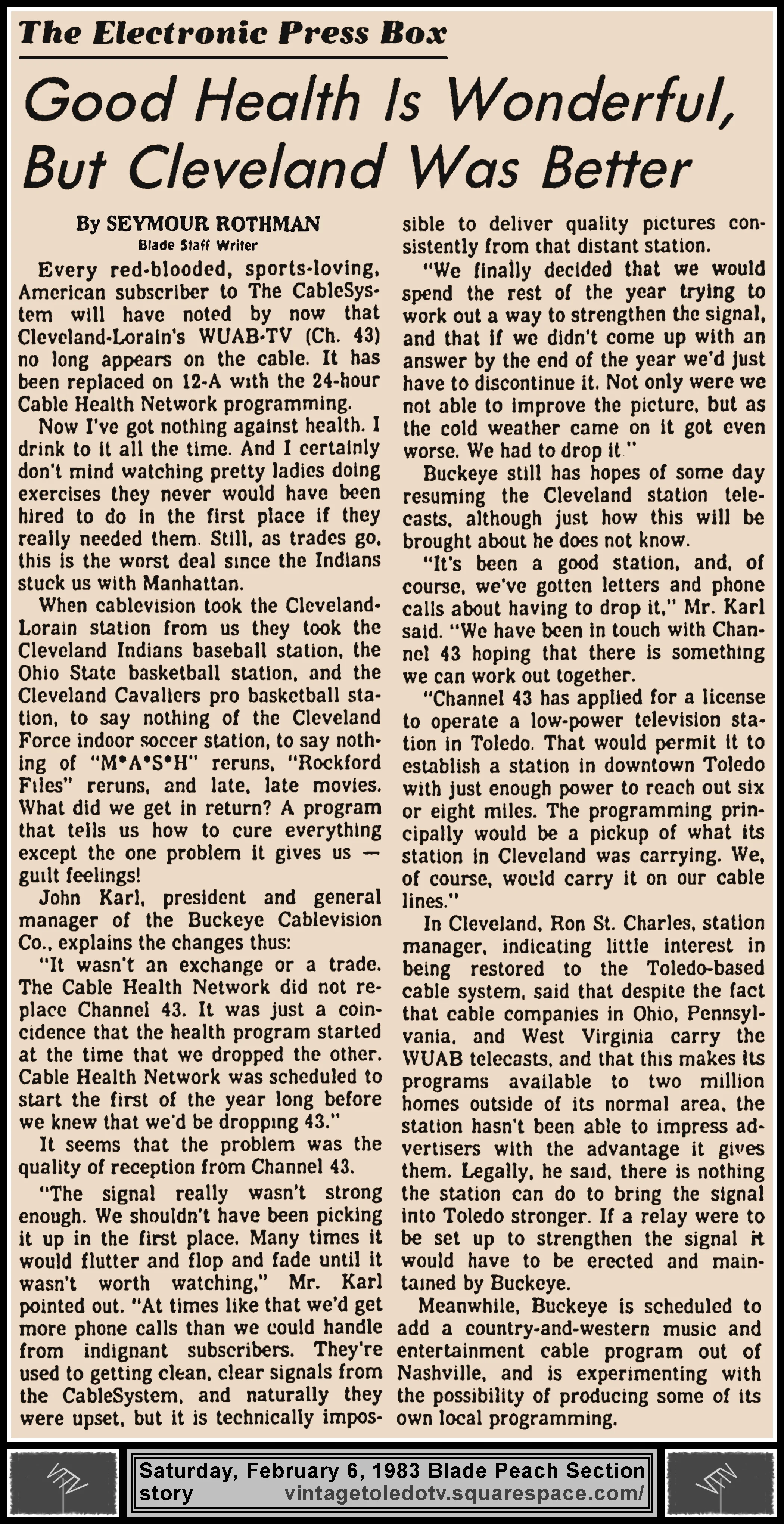 Electronic Press Box "Good Health Is Wonderful, But Cleveland Was Better" by Seymour Rothman, in The Blade's Saturday, 2/6/83 Peach Section
