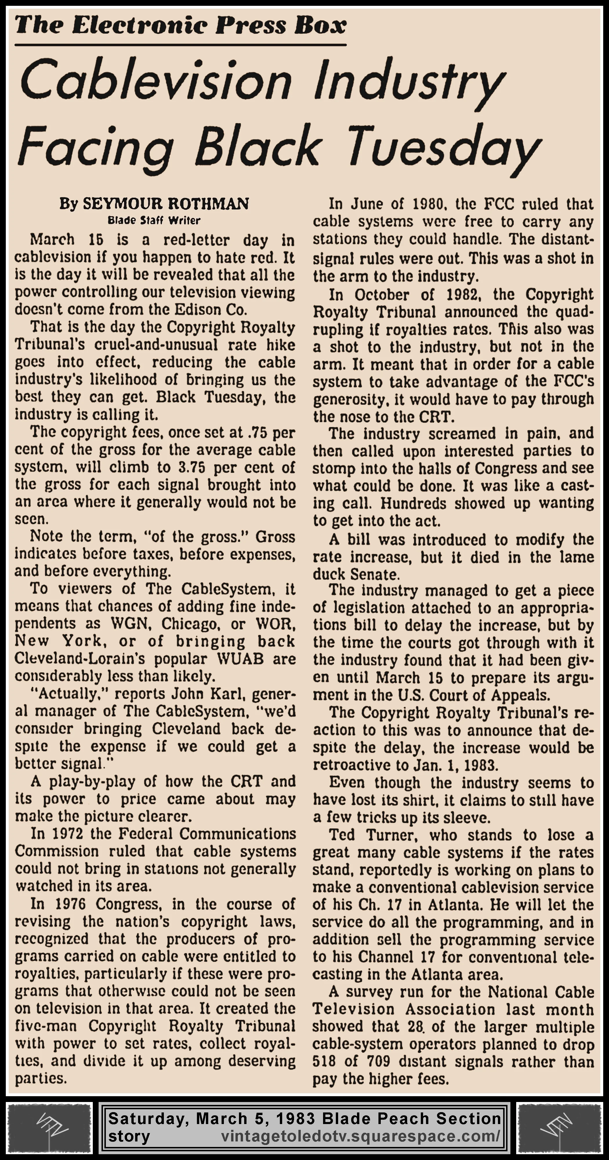 Electronic Press Box "Cablevision Industry Facing Black Tuesday" by Seymour Rothman, in The Blade's Saturday, 3/5/83 Peach Section