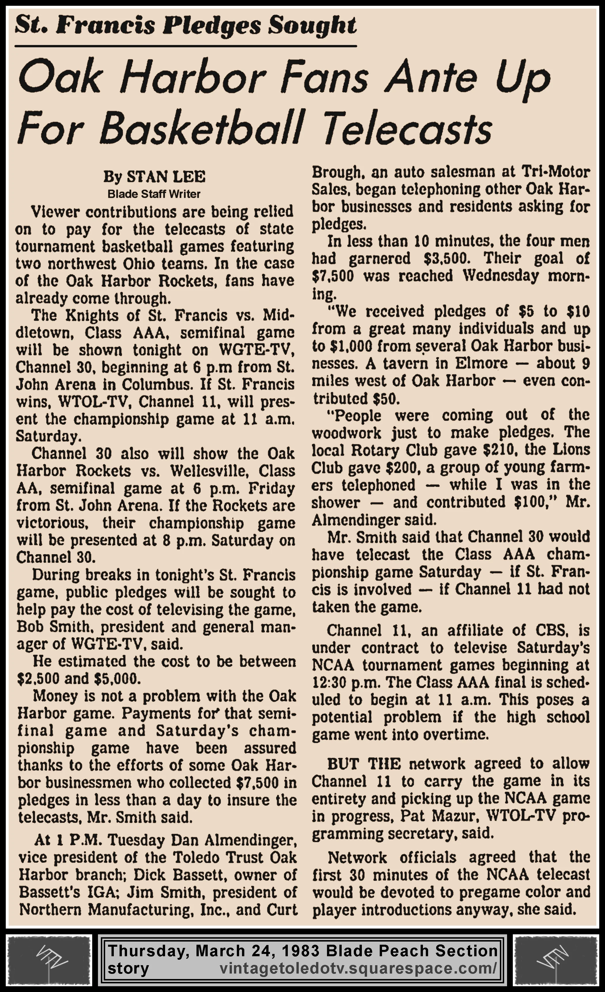 "Oak Harbor Fans Ante Up For Basketball Telecasts" by Stan Lee, in The Blade's Thursday, 3/24/83 Peach Section