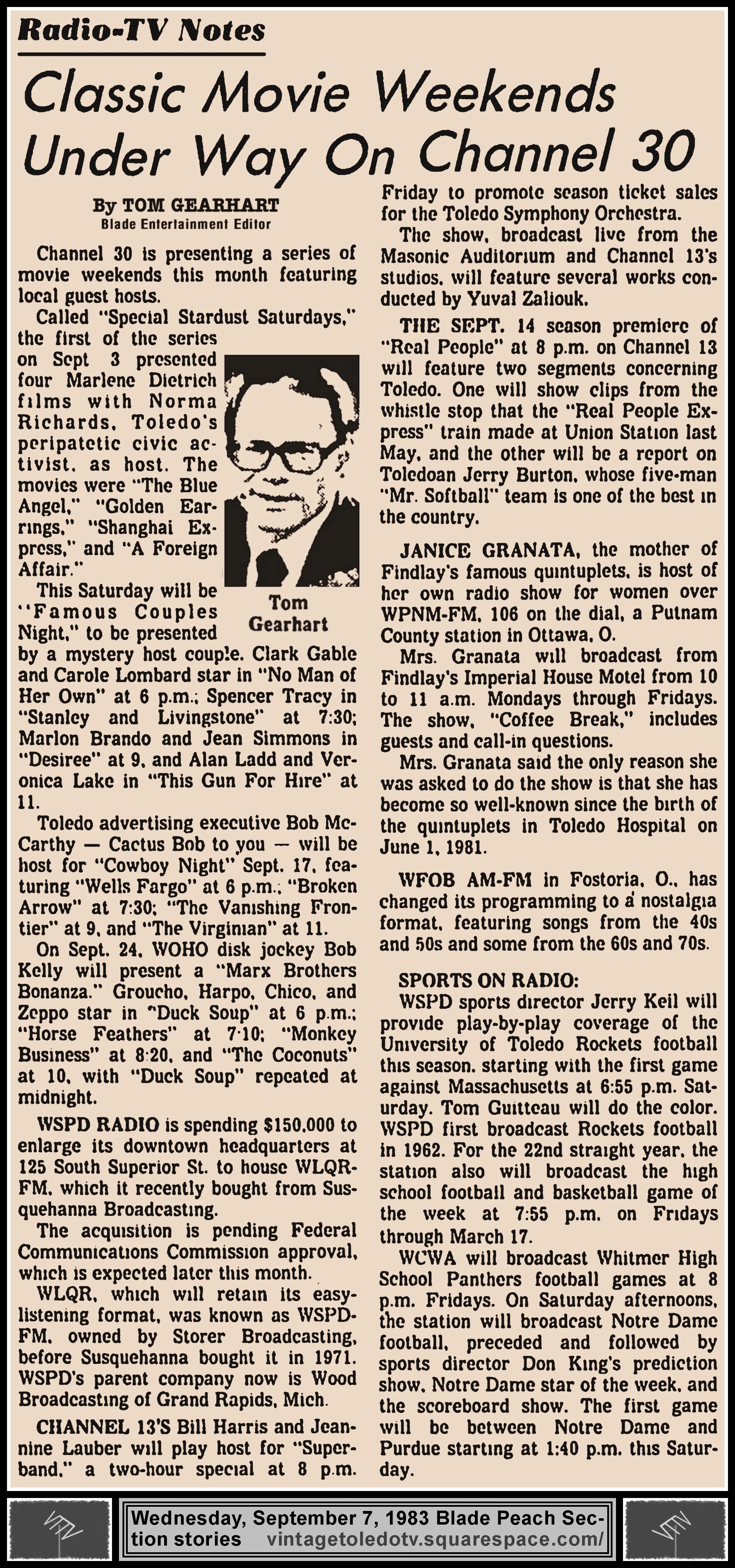 "Classic Movie Weekends Under Way On Channel 30" and other items, by Tom Gearhart, in The Blade's Wednesday, 9/7/83 Peach Section