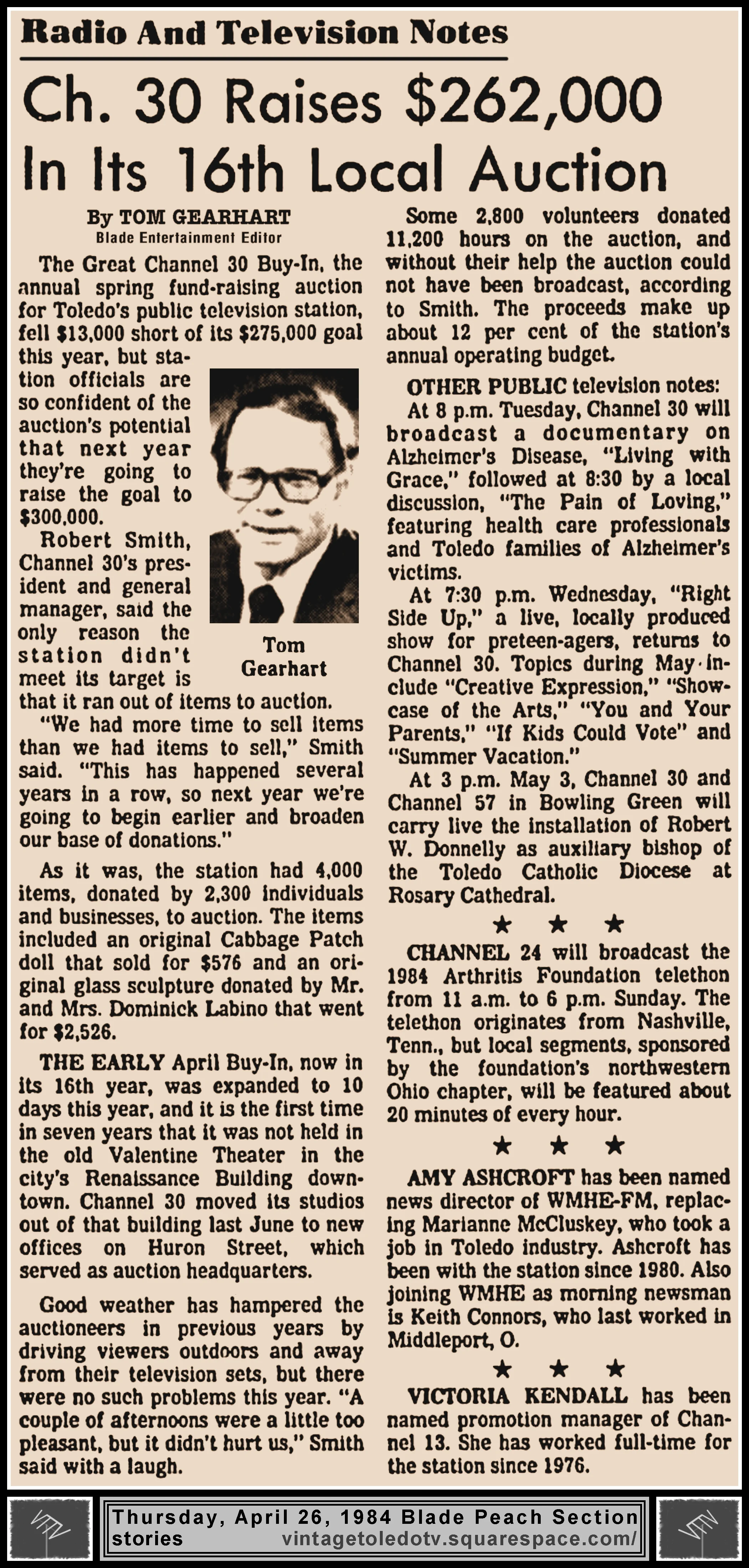 "Ch. 30 Raises $262,000 In Its 16th Local Auction" and other items, in The Blade's Thursday, 4/26/84 Peach Section