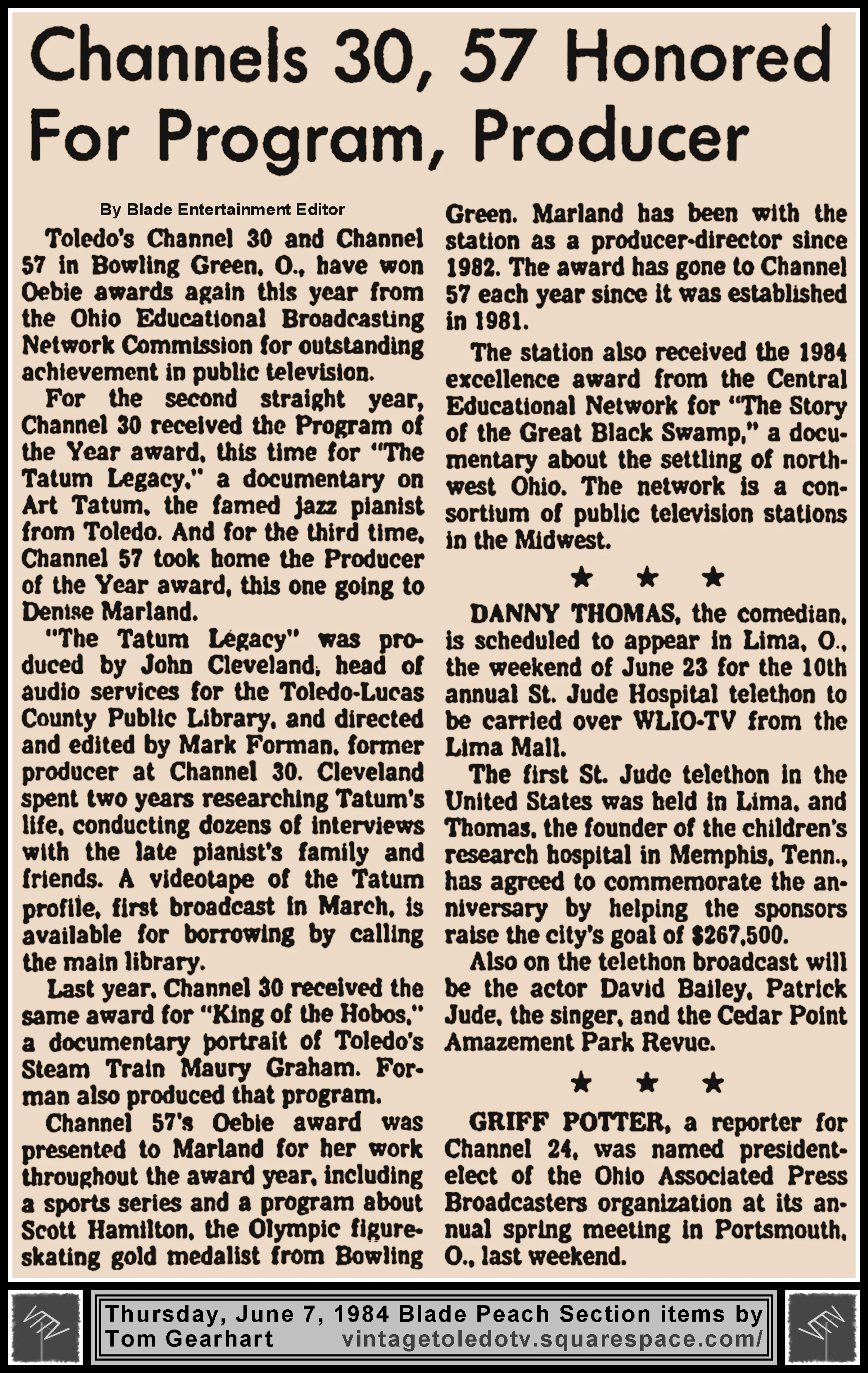 "Channels 30, 57 Honored For Program, Producer" and other items, by Tom Gearhart, in The Blade's Thursday, 6/7/84 Peach Section