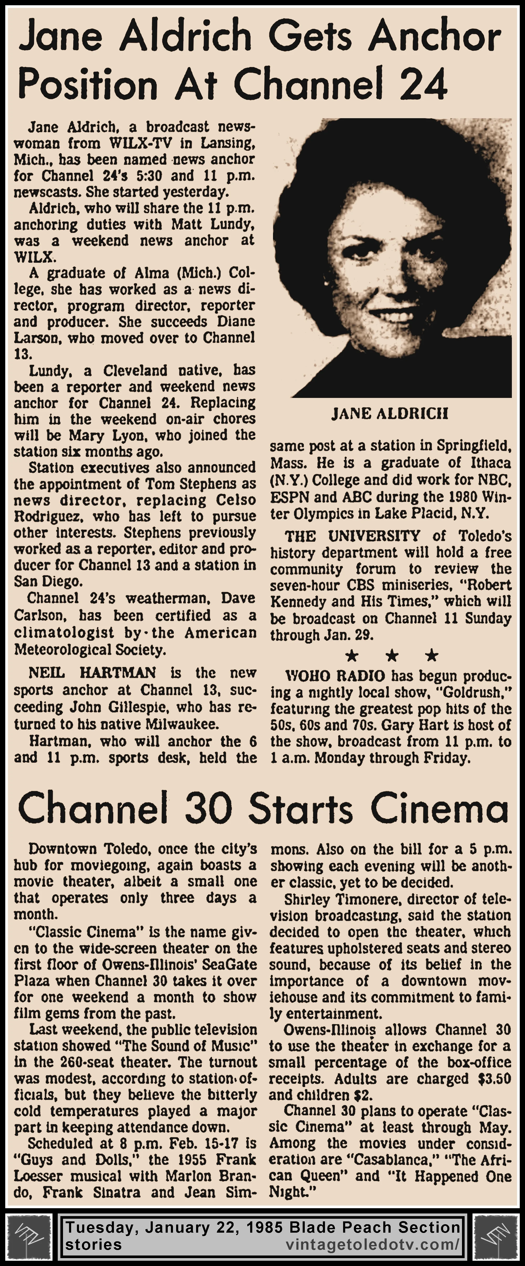 Jane Aldrich Gets Anchor Position At Channel 24" & "Channel 30 Starts Cinema," in The Blade's Tuesday, 1/22/85 Peach Section